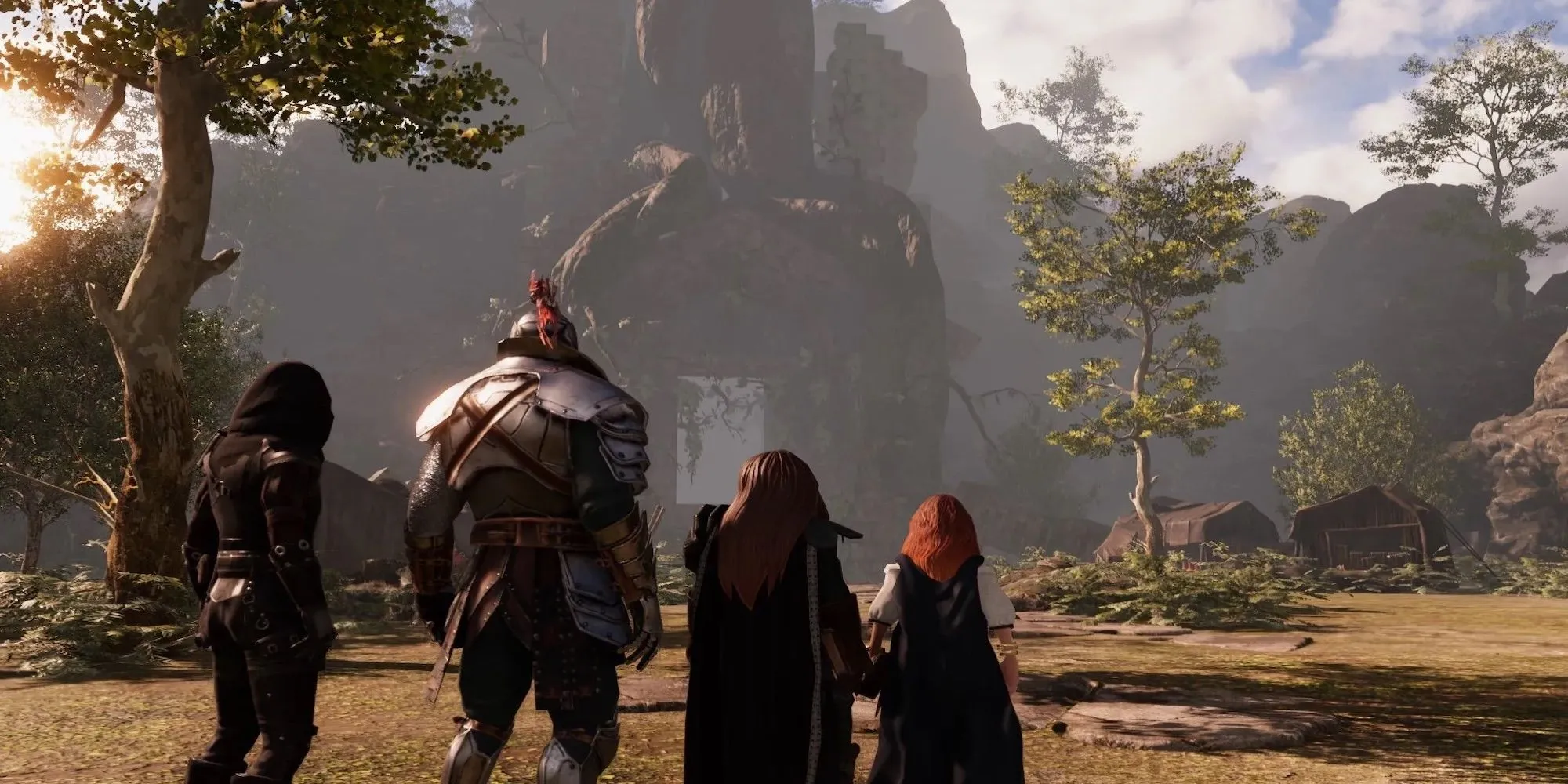 Các nhân vật nhìn vào cây cối và vách đá (Solasta: Crown of the Magister)