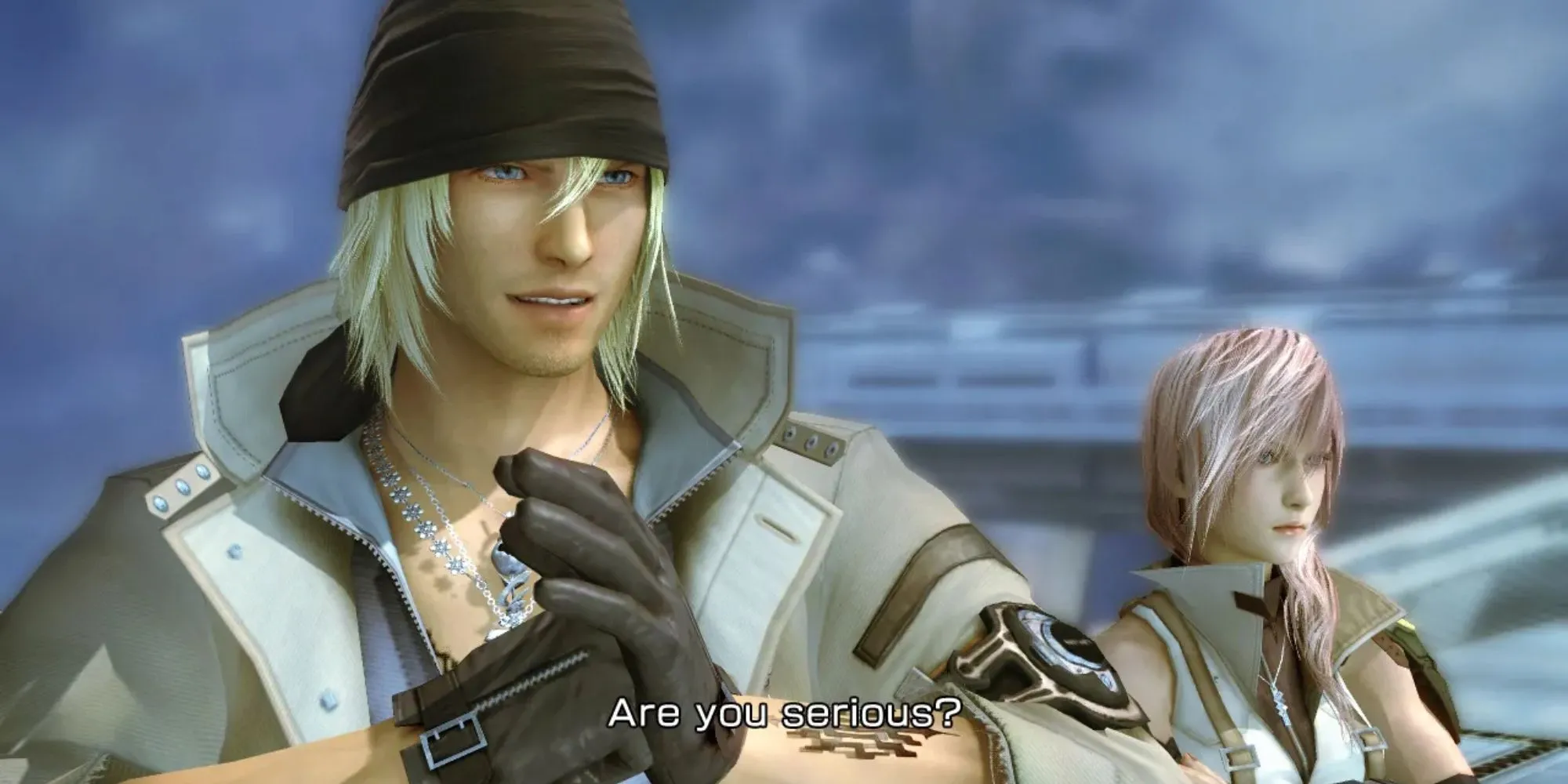 Cảnh game với nhân vật Lightning và Snow từ Final Fantasy XIII.
