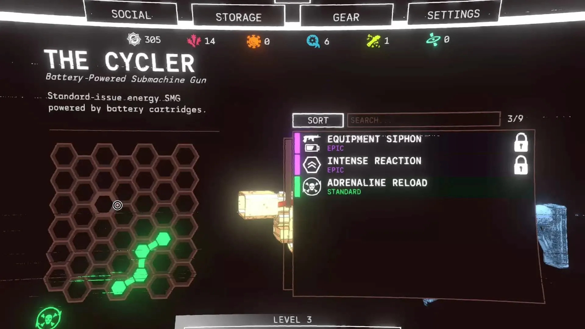 Giao diện lưới nâng cấp vũ khí độc đáo trong game Mycopunk