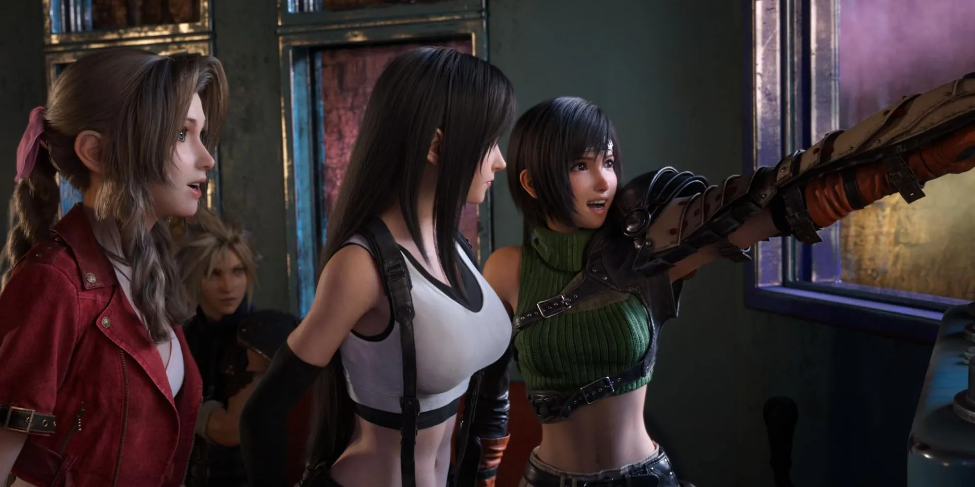 Nhóm nhân vật trong khu vực Gold Saucer của Final Fantasy VII Rebirth.