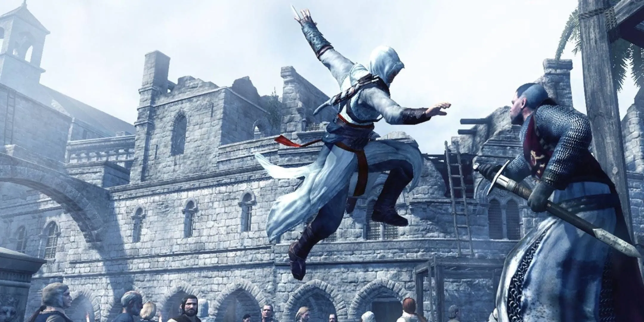 Altair thực hiện chiêu Ám Sát Trên Không trong series Assassin's Creed.