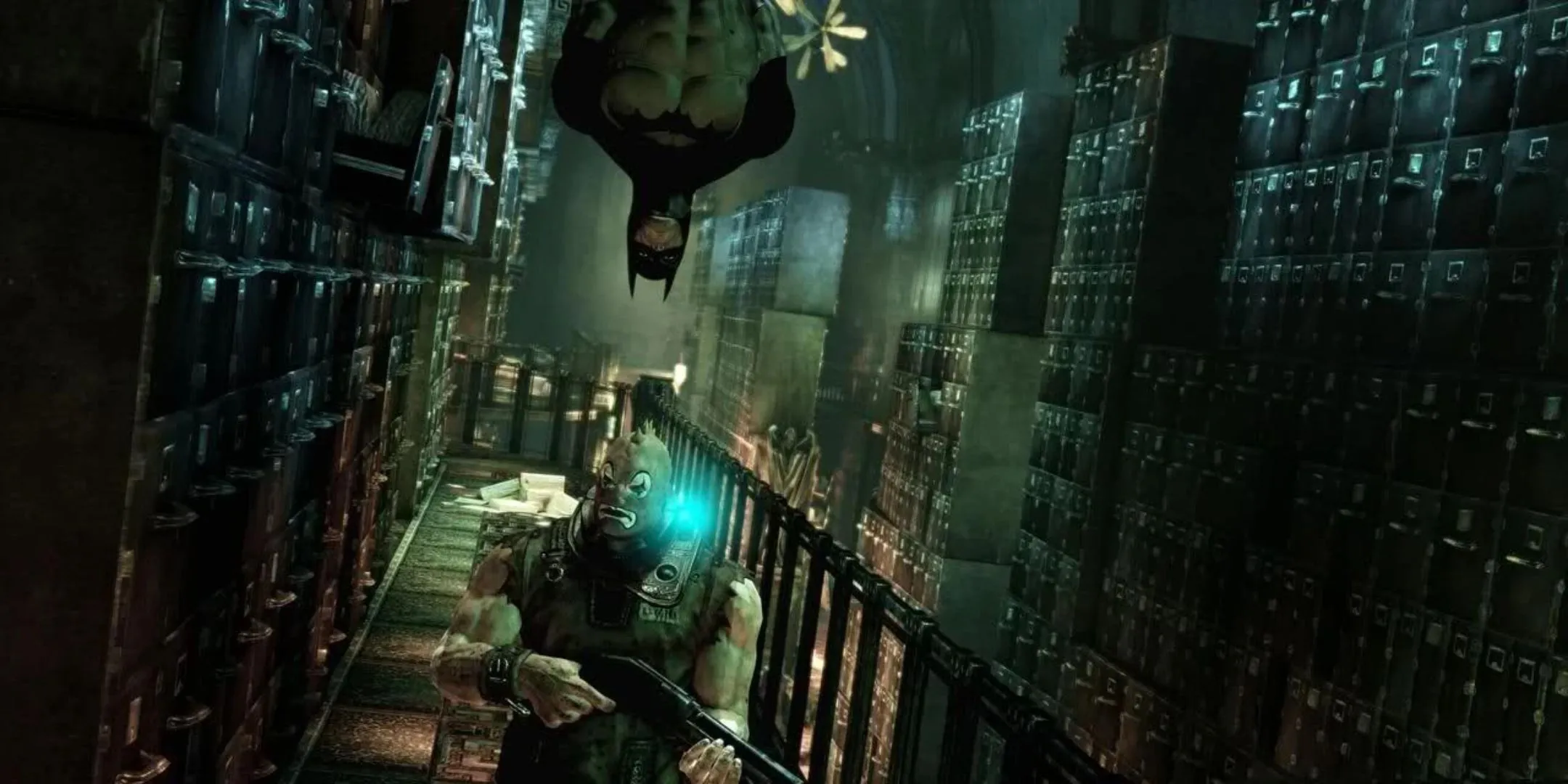 Batman chuẩn bị thực hiện đòn Hạ Gục Treo Ngược trong Batman: Arkham Asylum.
