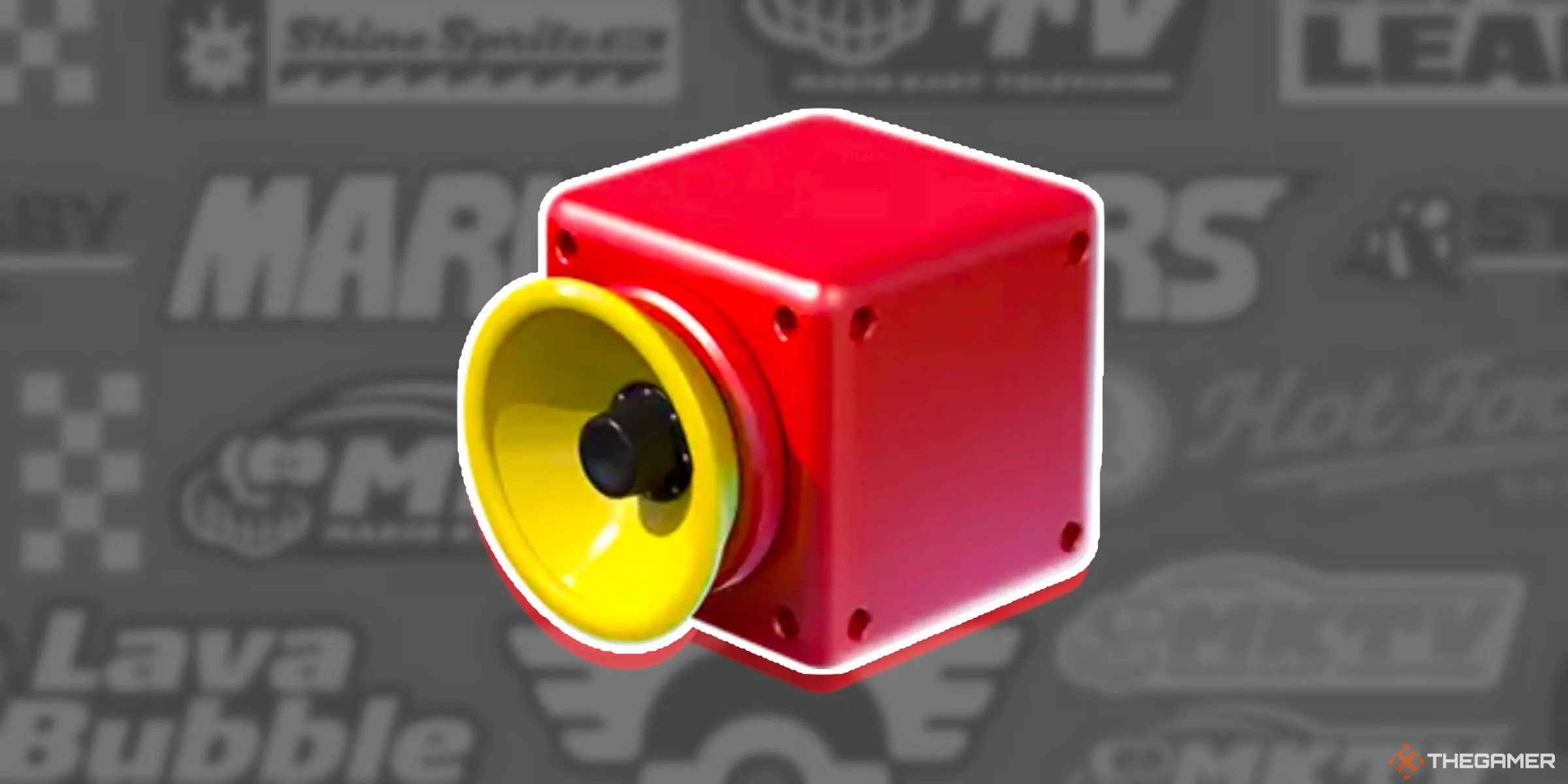 Cái còi làm item Super Horn trong game Mario Kart World với nền logo các nhà tài trợ