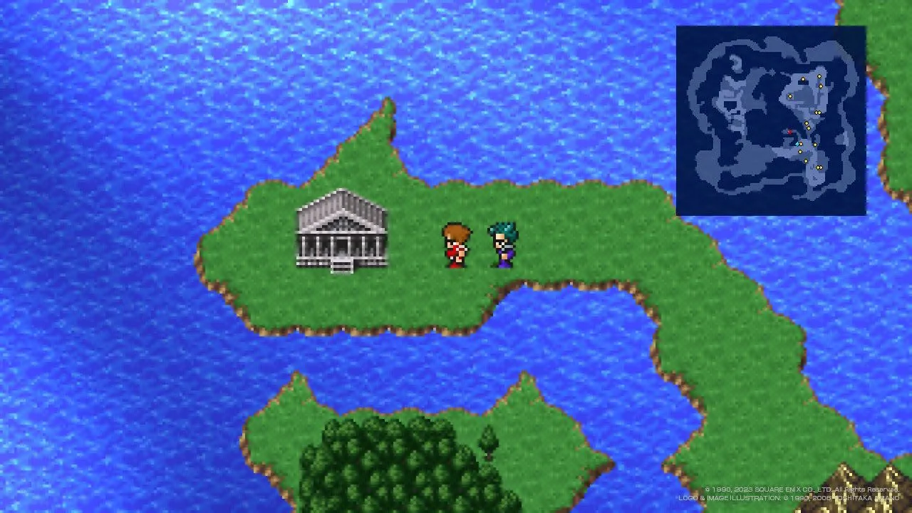 Đoàn nhân vật Final Fantasy 3 di chuyển trên bản đồ thế giới, hướng tới đền Nepto