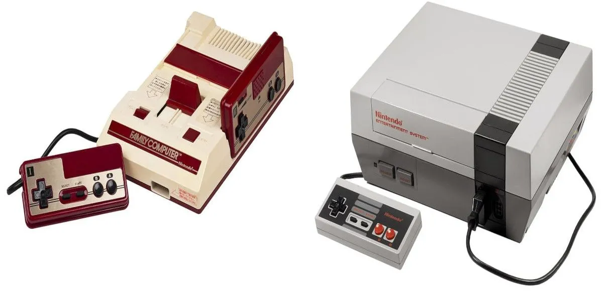 Hai máy chơi game Nintendo NES và Famicom đặt cạnh nhau
