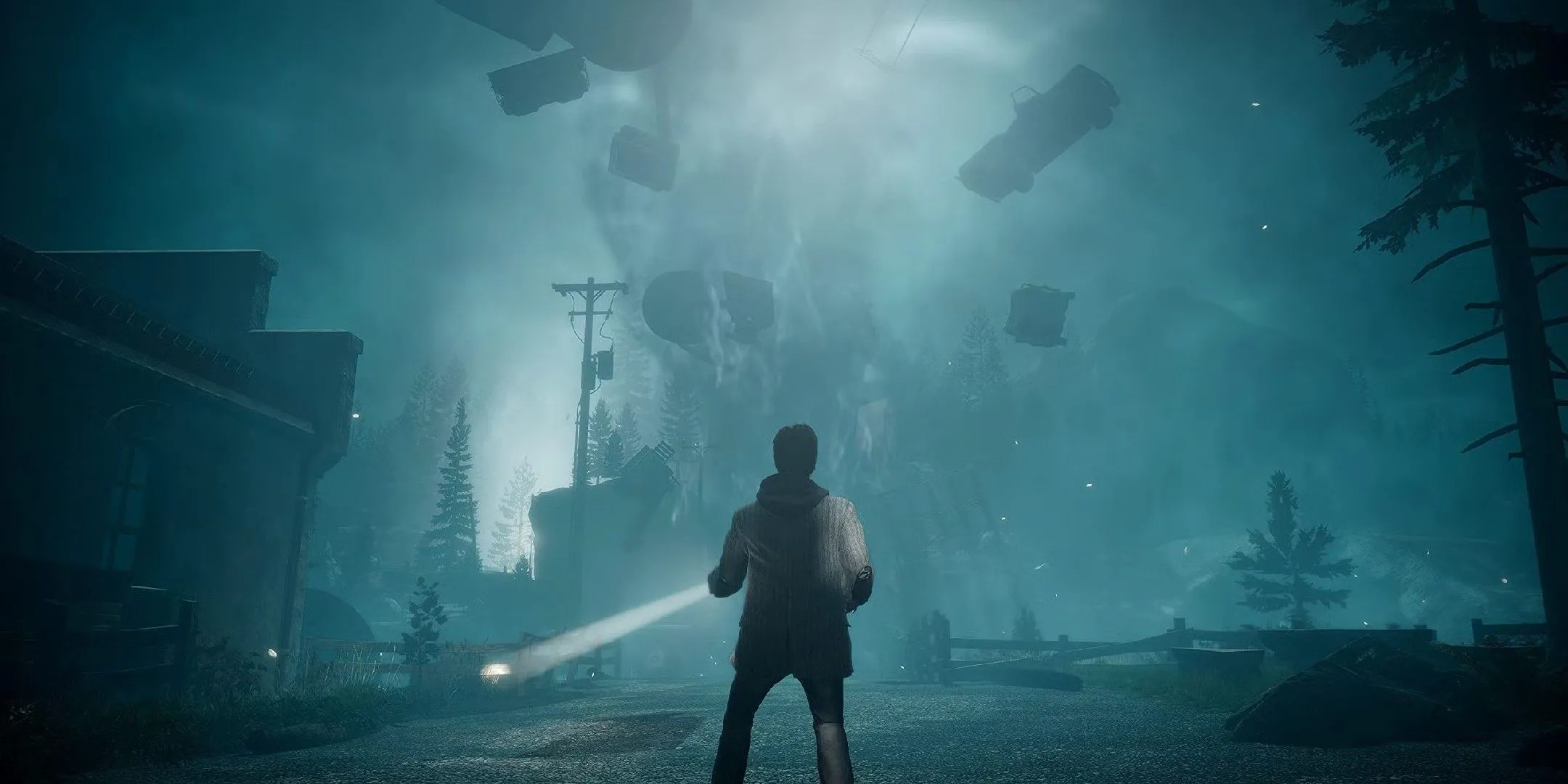 Hình ảnh Alan Wake cho thấy nhân vật chính đang nhìn vào một cơn lốc xoáy