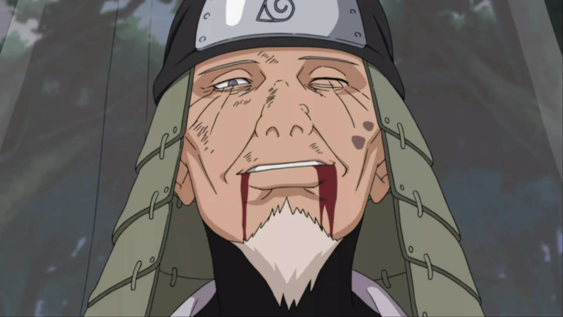 Hiruzen mỉm cười sau khi phong ấn cánh tay Orochimaru trong Naruto