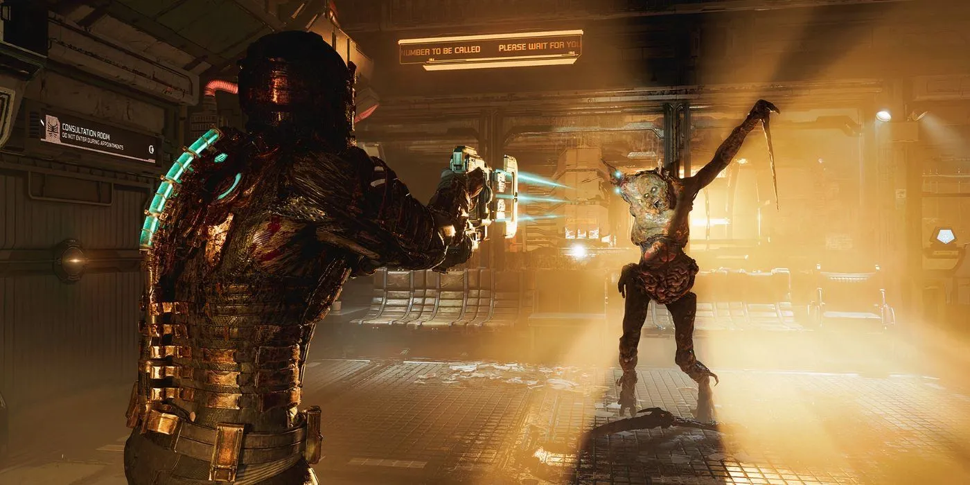 Isaac Clarke chĩa súng Plasma Cutter vào một Necromorph trong Dead Space