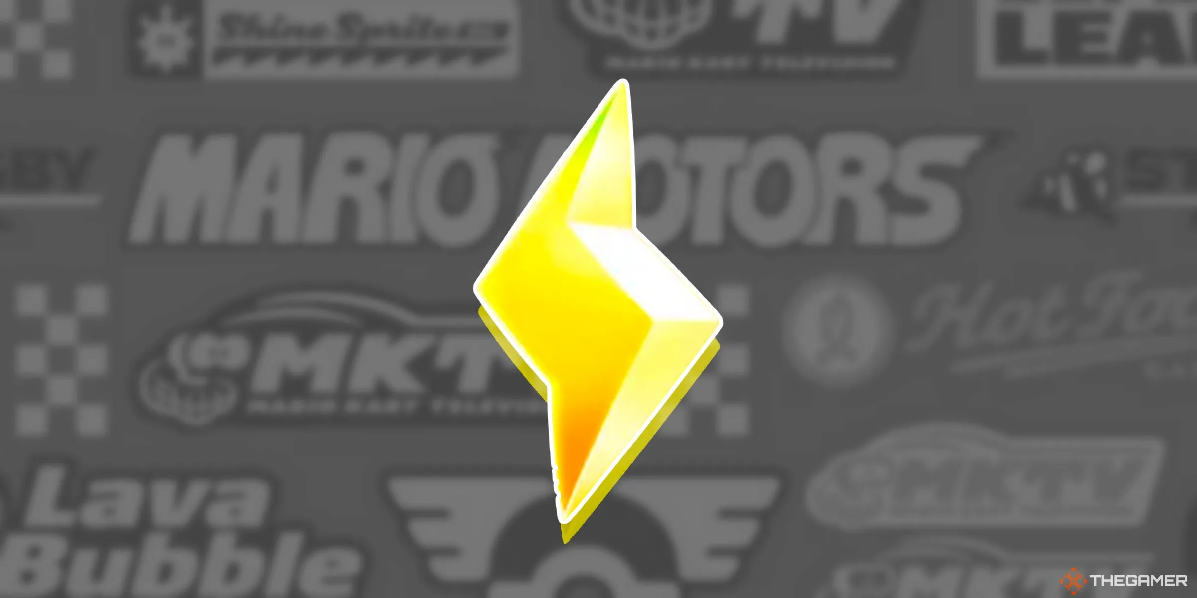 Item tia sét trong game Mario Kart World với nền logo các nhà tài trợ