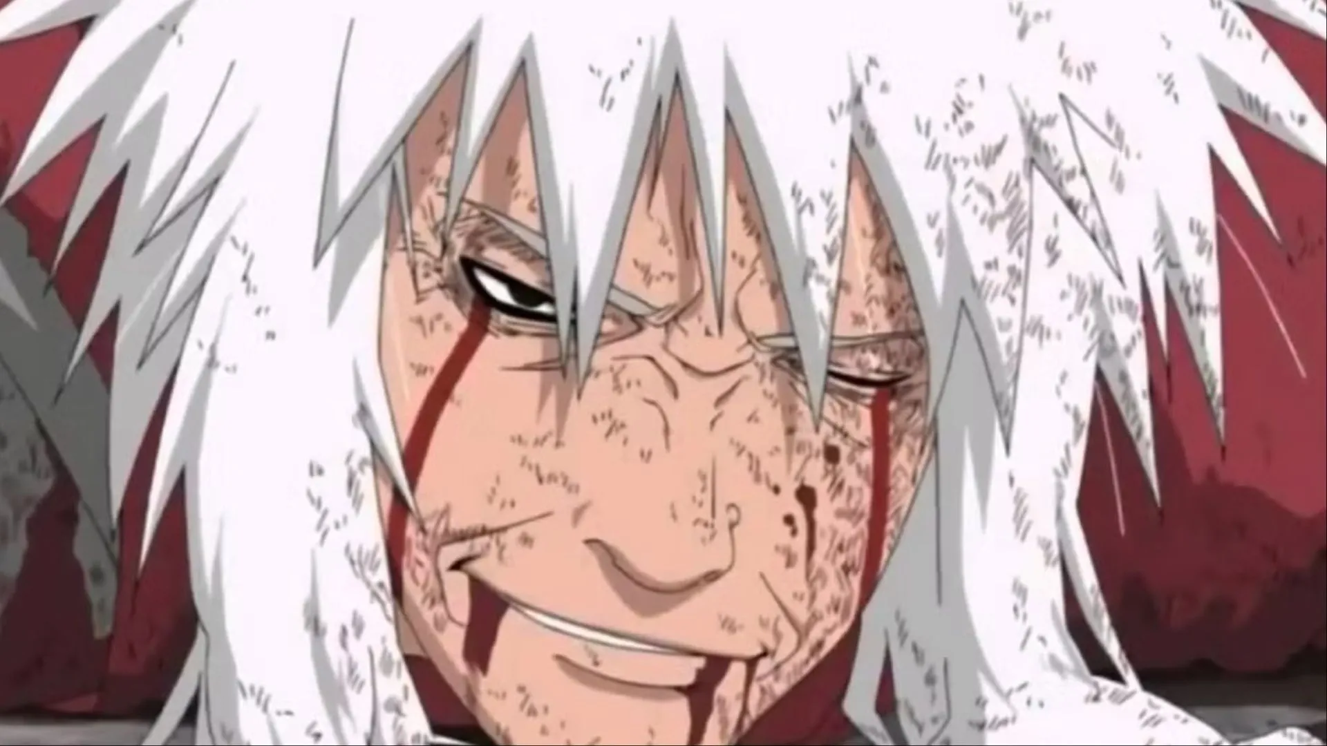Jiraiya dính máu chấp nhận số phận sau khi bị Lục Đạo Pain đánh bại trong Naruto Shippuden