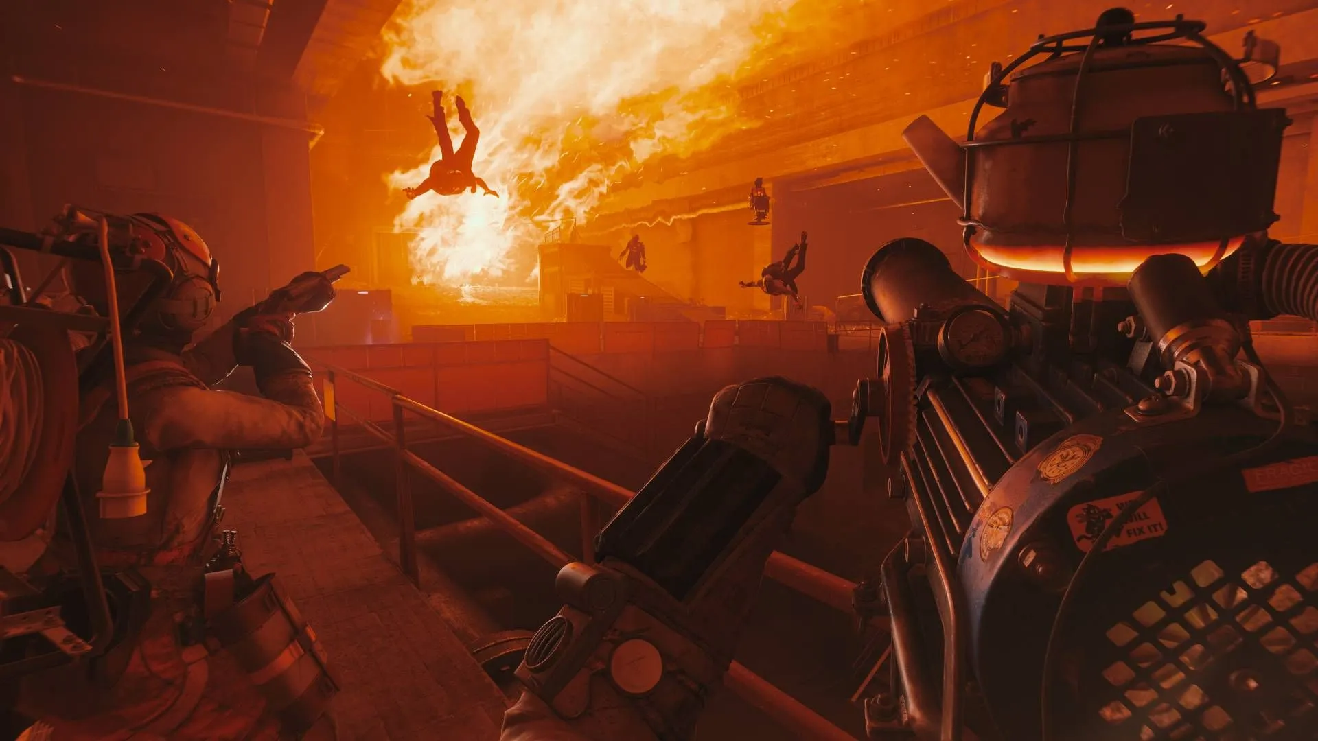 Kẻ thù Hiss bay lơ lửng giữa không trung quanh một ngọn lửa lớn trong FBC Firebreak