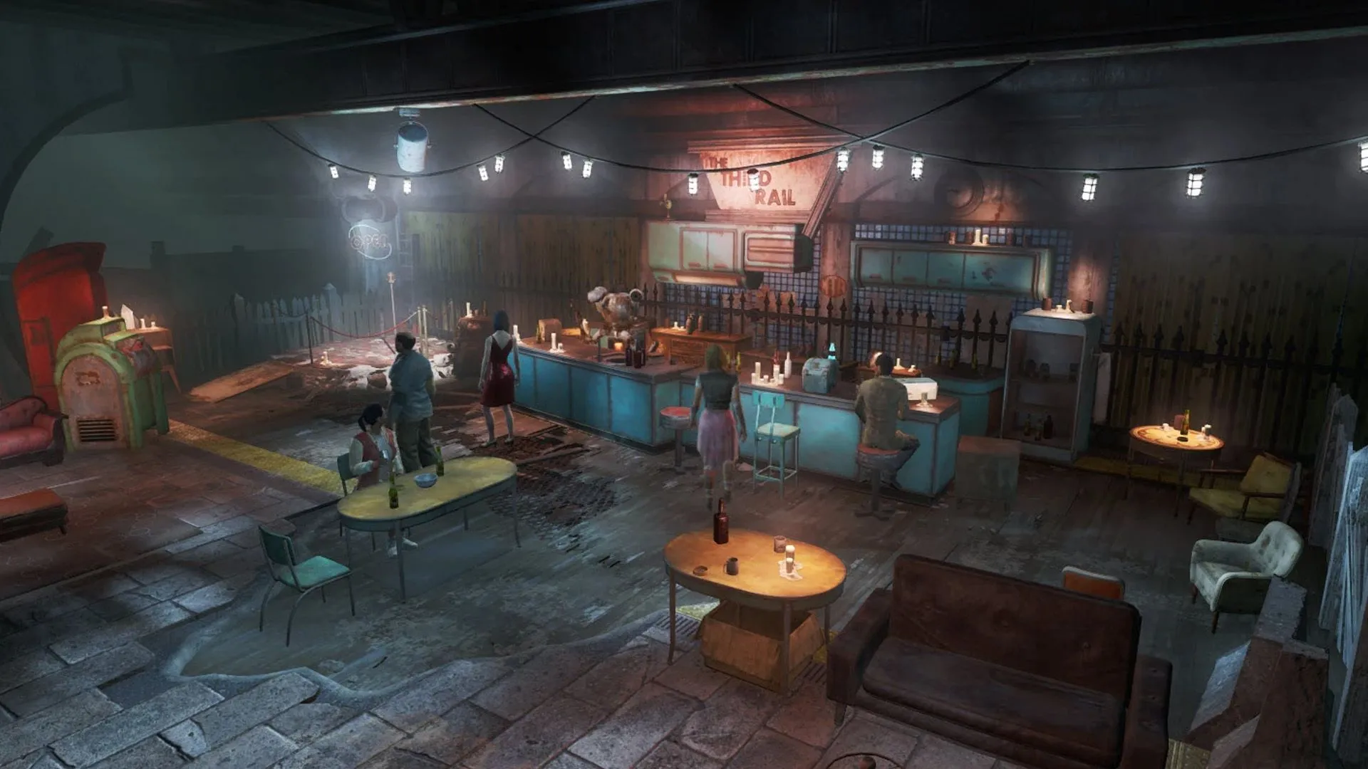 Khung cảnh bên trong quán bar The Third Rail tồi tàn trong Fallout 4