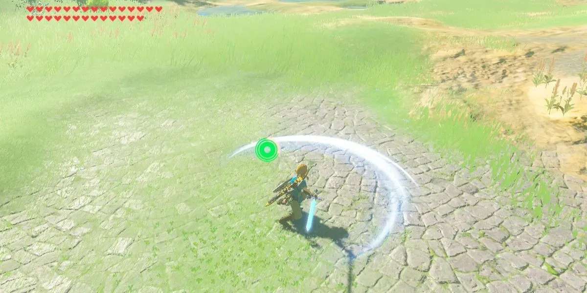 Link thực hiện chiêu Xoay Kiếm Tấn Công trong The Legend of Zelda: Breath of the Wild.