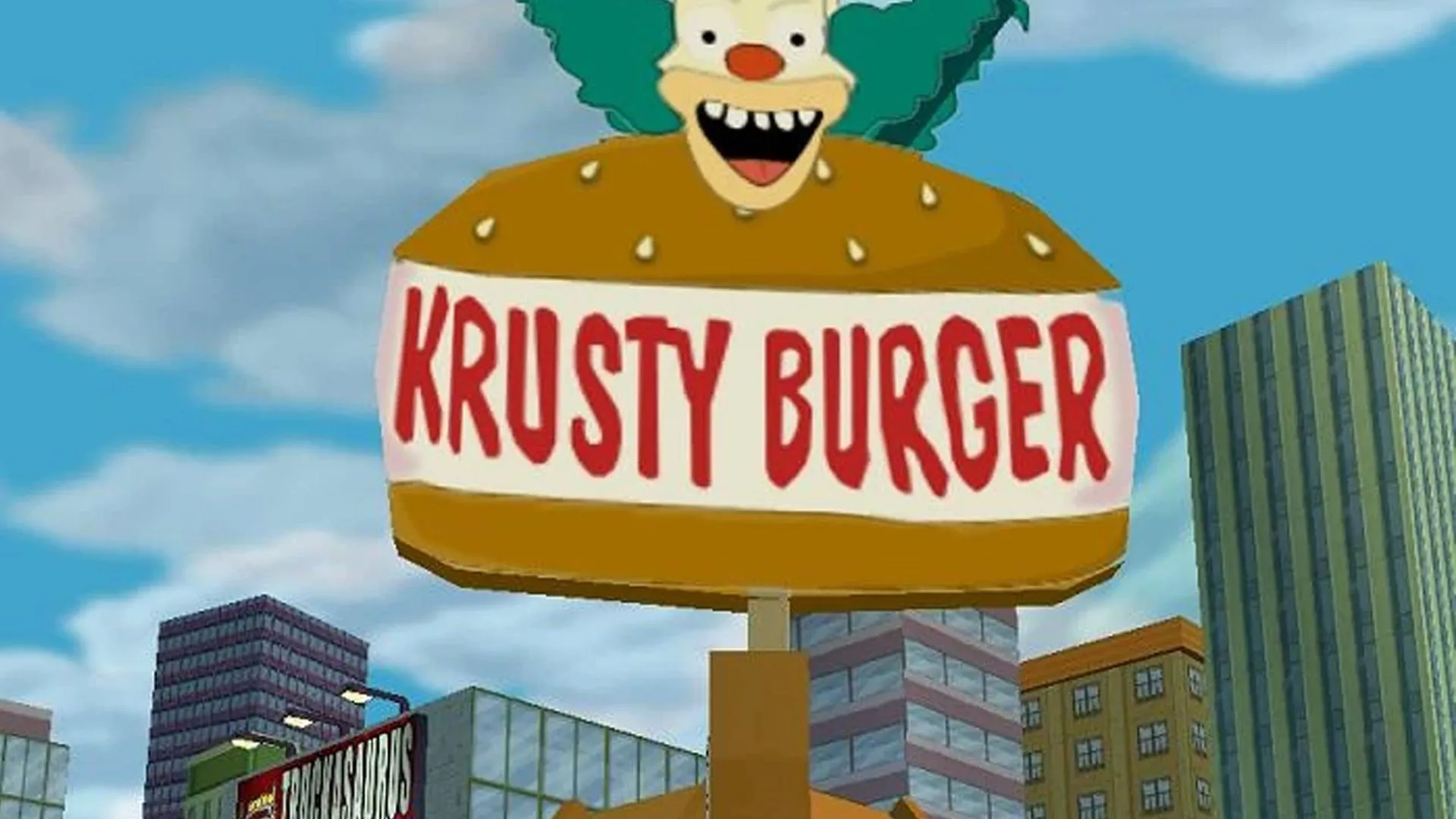 Logo quán burger Krusty Burger trong game The Simpsons Hit &amp; Run