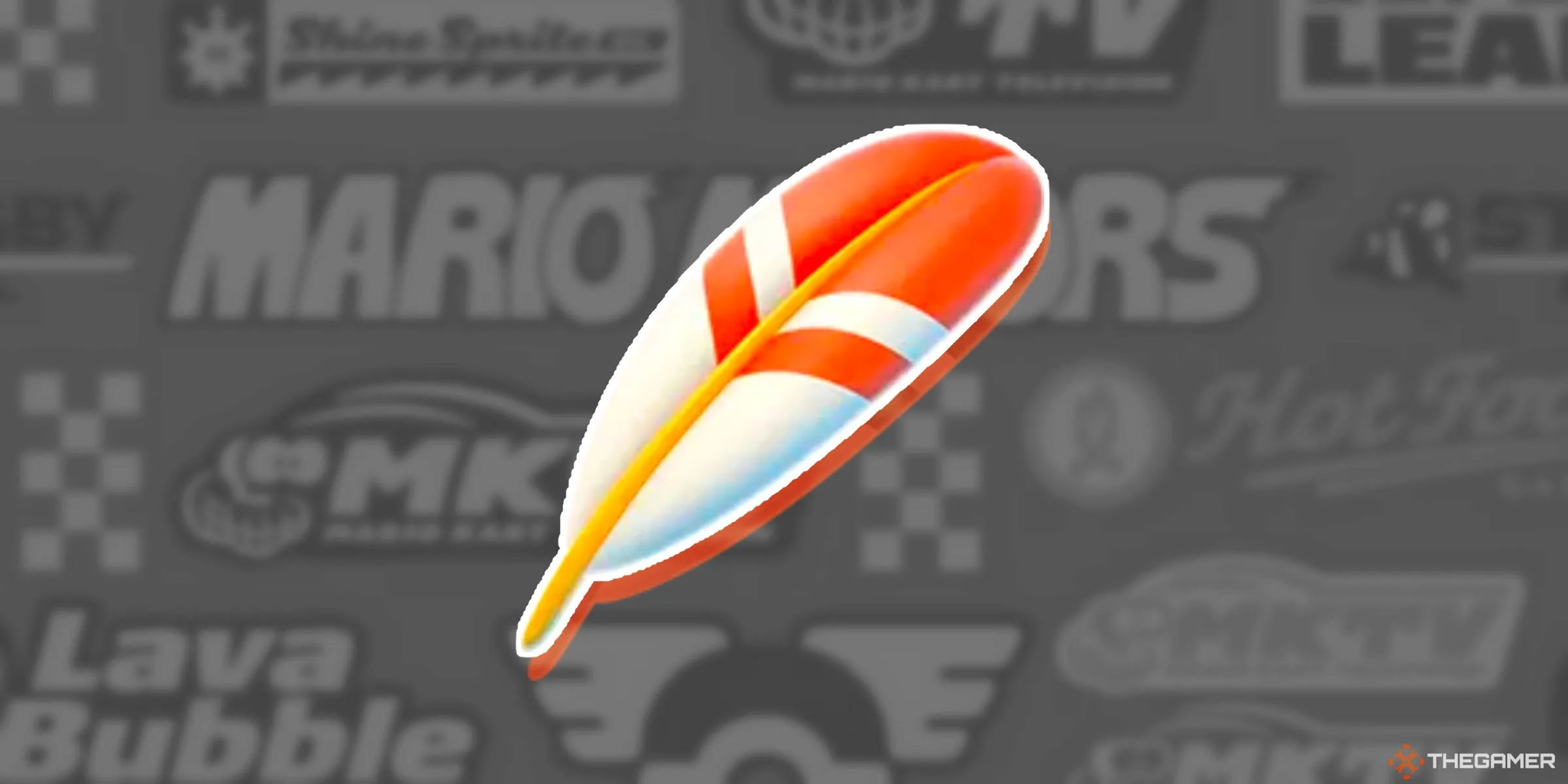 Lông vũ làm item trong game Mario Kart World với nền logo các nhà tài trợ