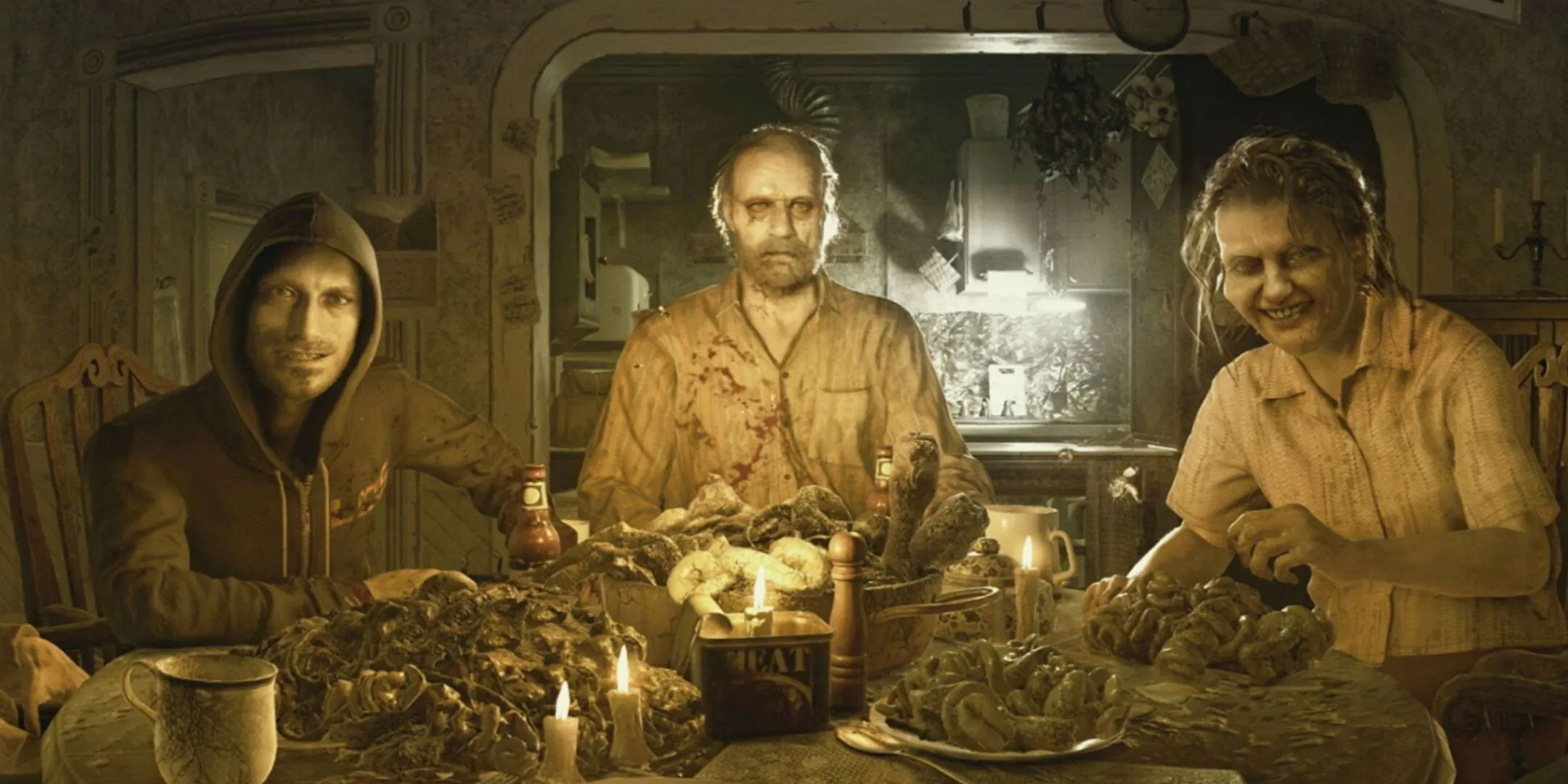 Lucas, Jack và Marguerite Baker tại bàn ăn trong Resident Evil 7