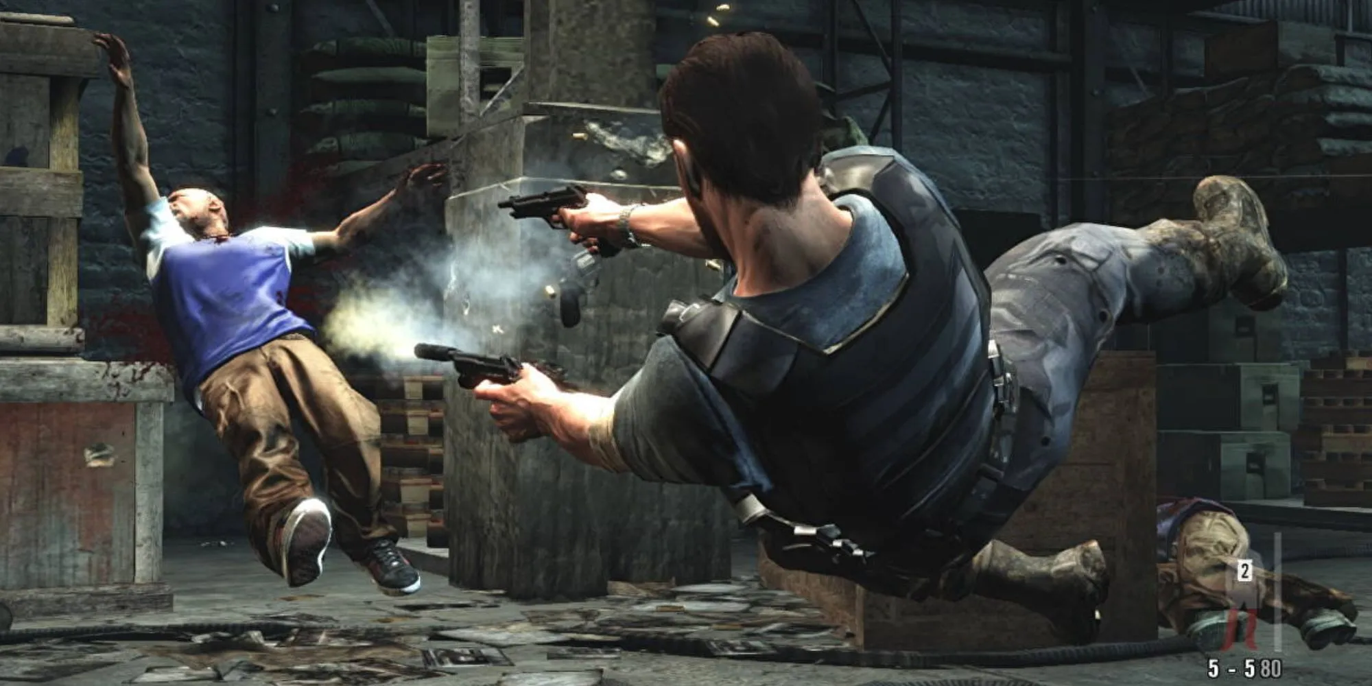 Max Payne thực hiện động tác nhảy và bắn đặc trưng trong Bullet Time.