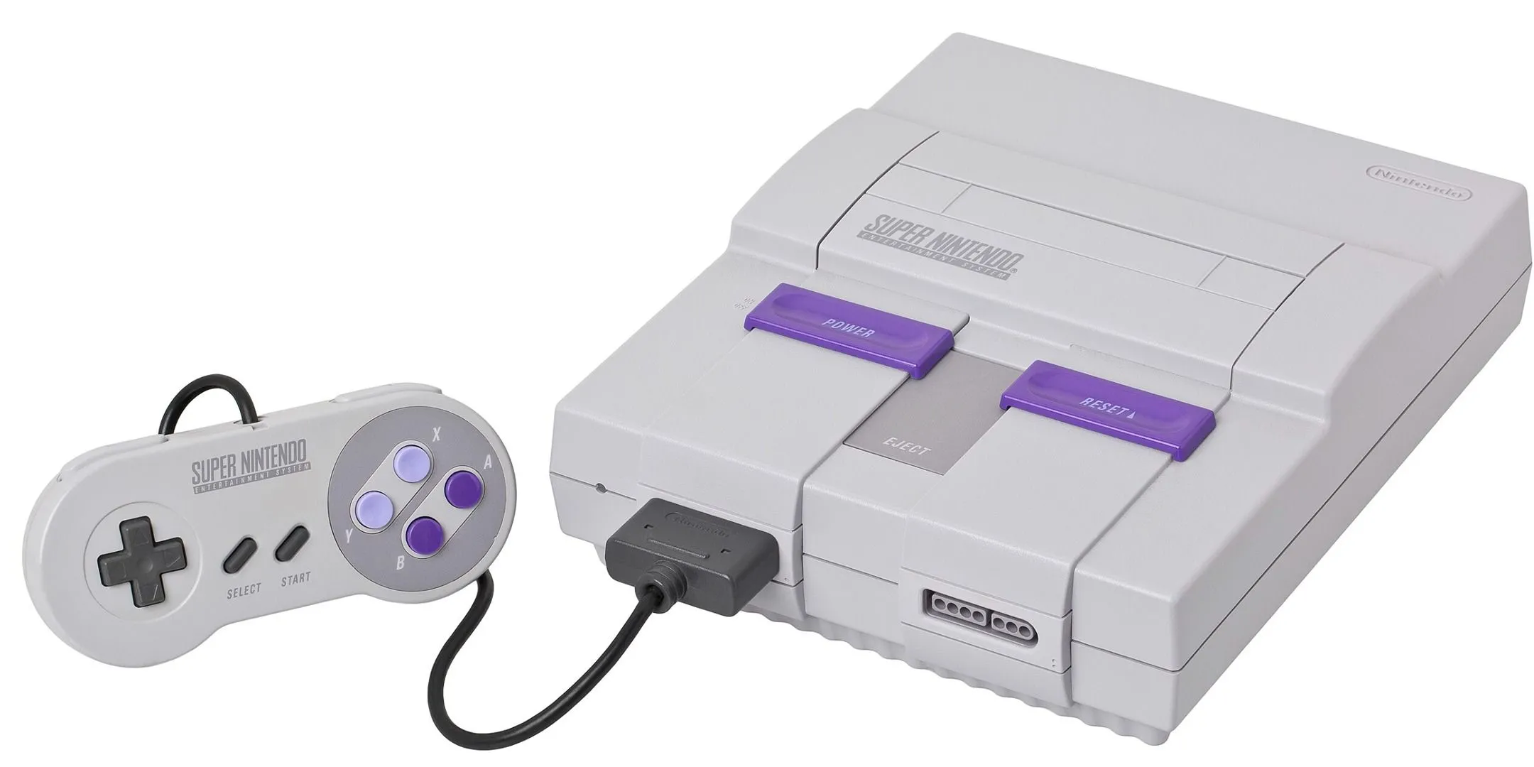 Máy chơi game Nintendo Super Nintendo màu xám và tím