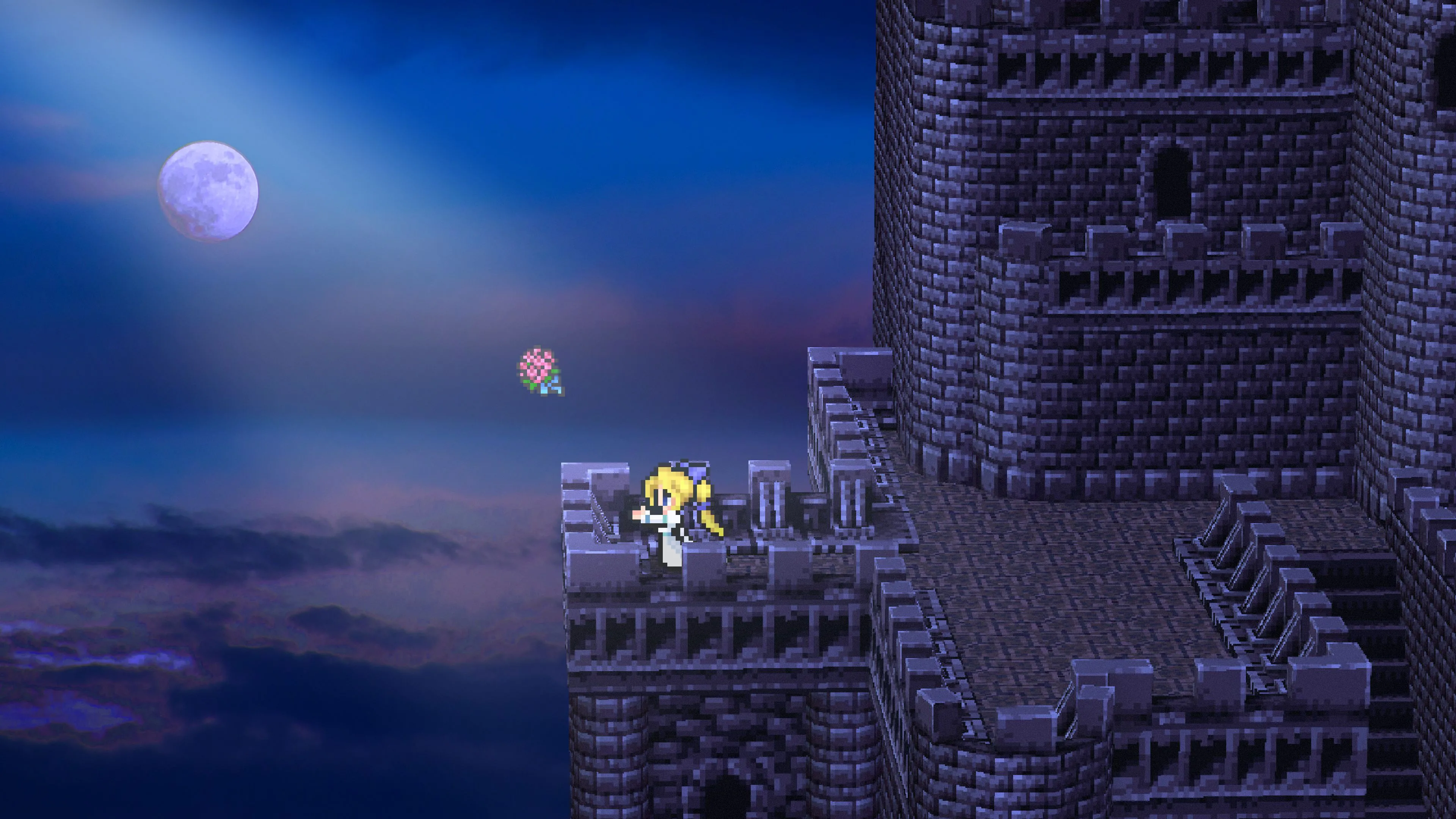 Một nhân vật từ Final Fantasy 6, có lẽ là Celes, đứng trên ban công trong ánh trăng