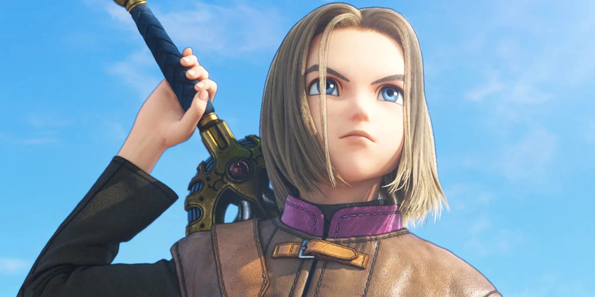 Người anh hùng trong Dragon Quest 11 cầm kiếm trước bầu trời