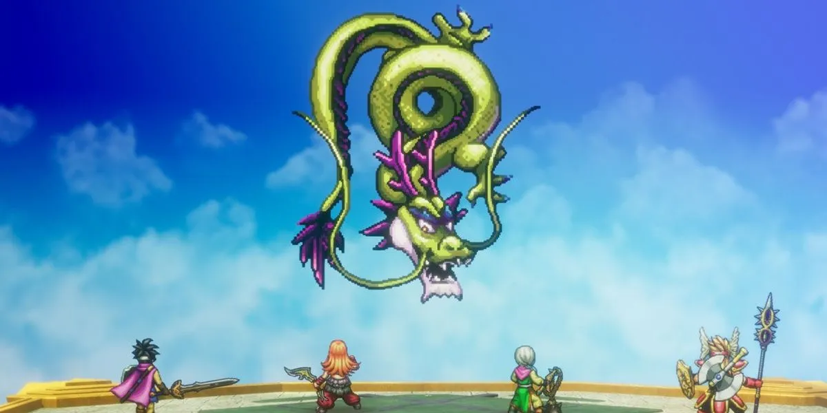 Nhóm nhân vật trong Dragon Quest 3 HD-2D Remake đối mặt với Rồng Xenlon