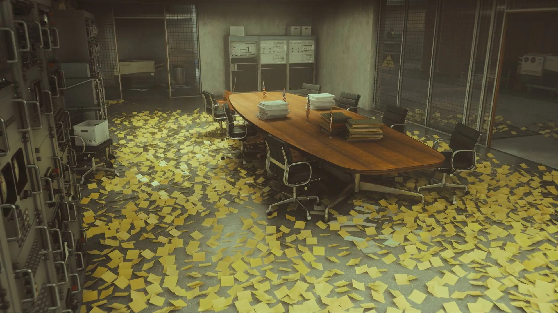 Phòng hội nghị bị bao phủ bởi giấy ghi chú (Post-it notes) trong thế giới Control của FBC Firebreak