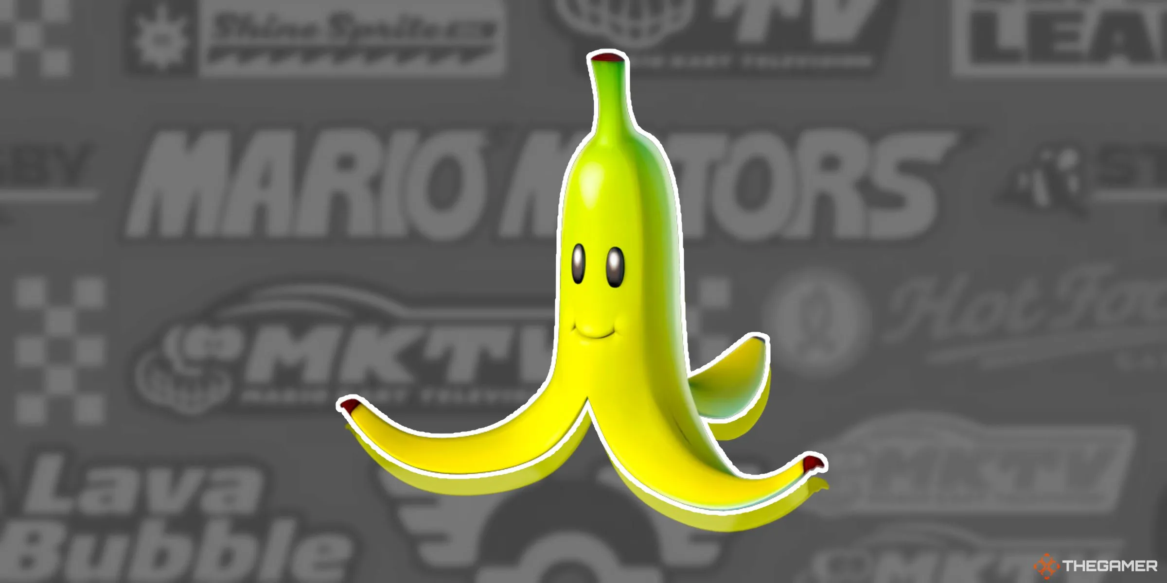 Quả chuối làm item trong game Mario Kart World với nền logo các nhà tài trợ