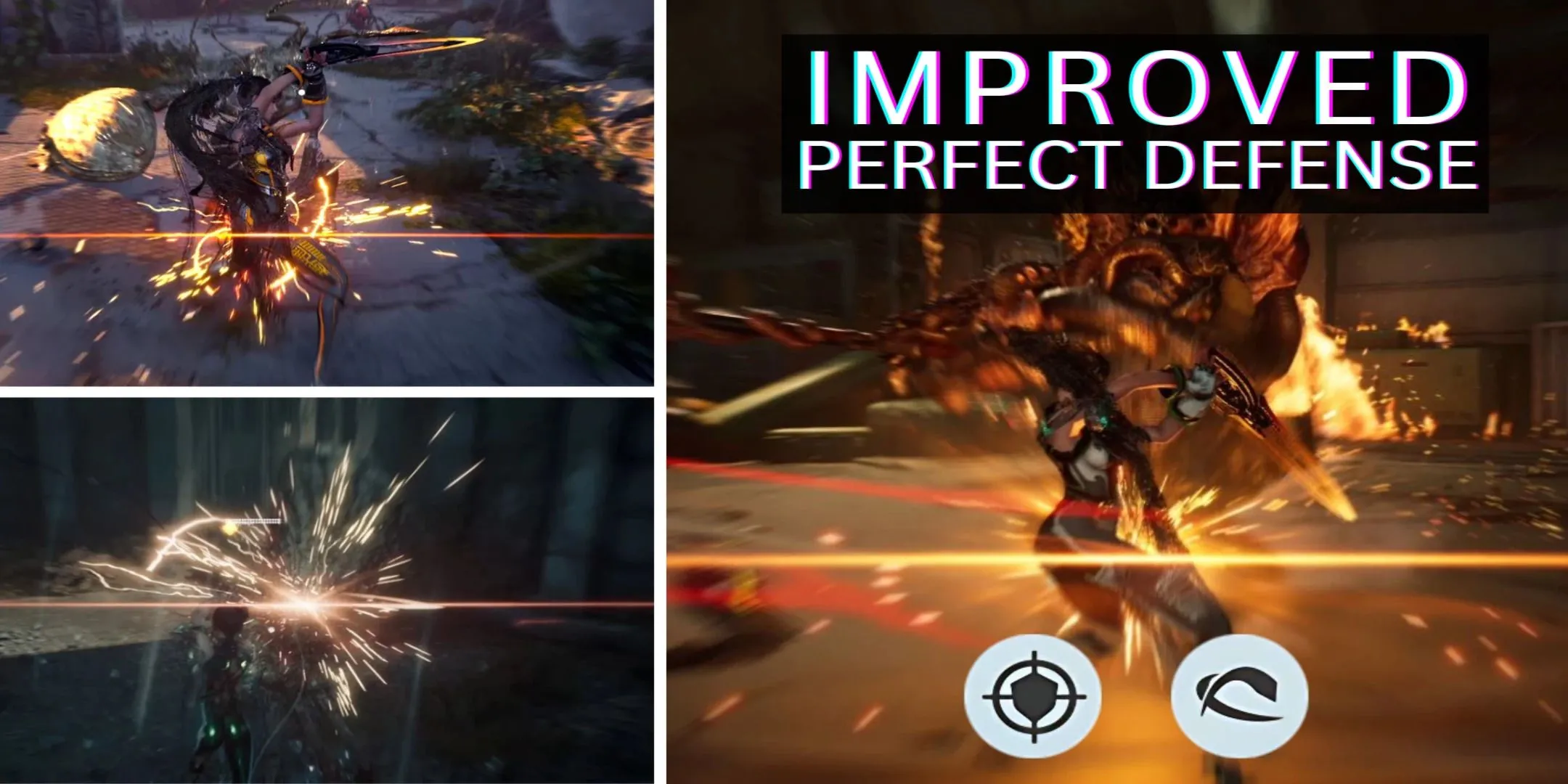 Stellar Blade PC: Ảnh cắt ghép các khoảnh khắc gameplay Eve thực hiện đỡ đòn hoàn hảo (parry).