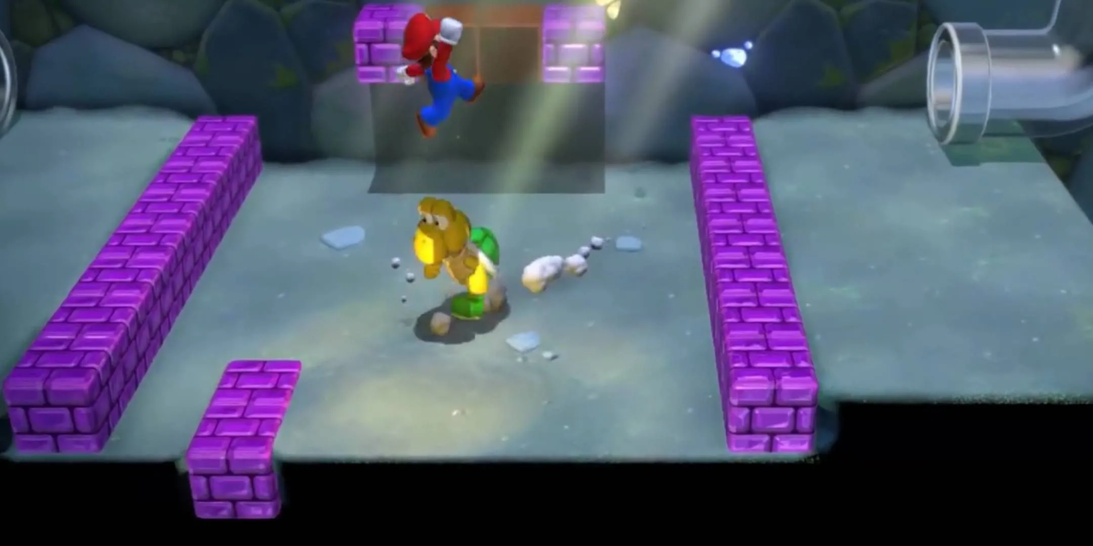 Super Mario nhảy lên đầu kẻ thù quen thuộc trong Super Mario 3D World.