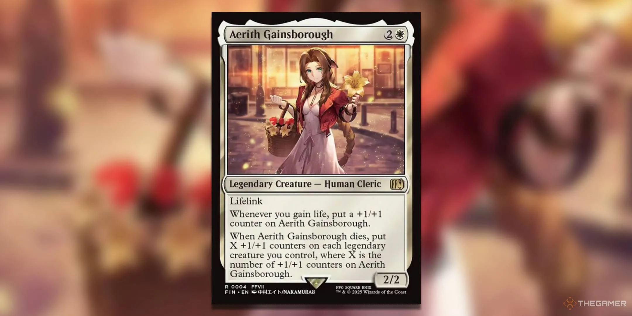 Thẻ bài Aerith Gainsborough phiên bản thường từ bộ Magic The Gathering Final Fantasy, thể hiện cảnh Aerith gặp Cloud ở Midgar