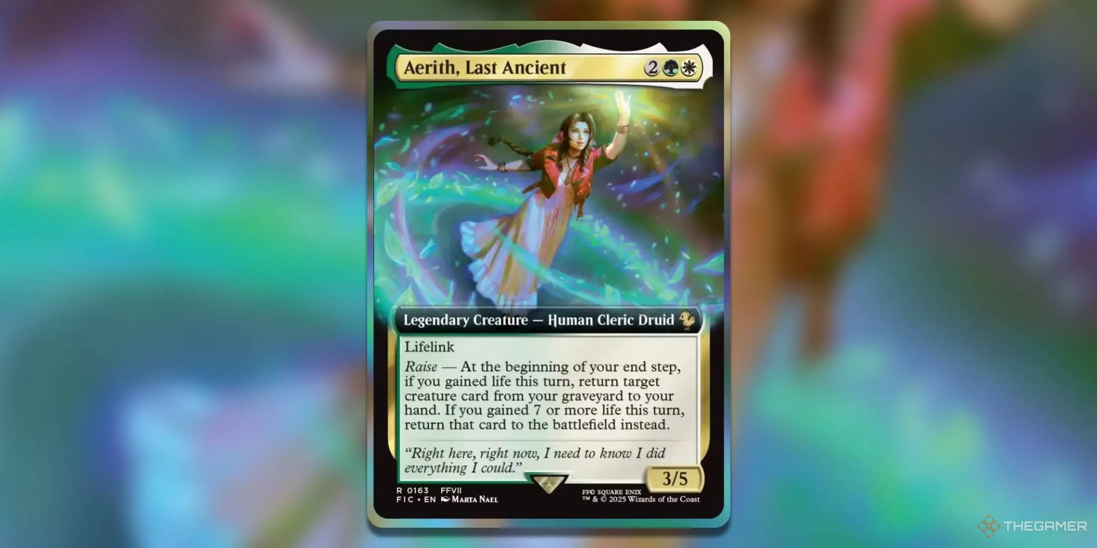 Thẻ bài Aerith, Last Ancient trong Magic The Gathering, thể hiện Aerith với hiệu ứng ánh sáng huyền ảo