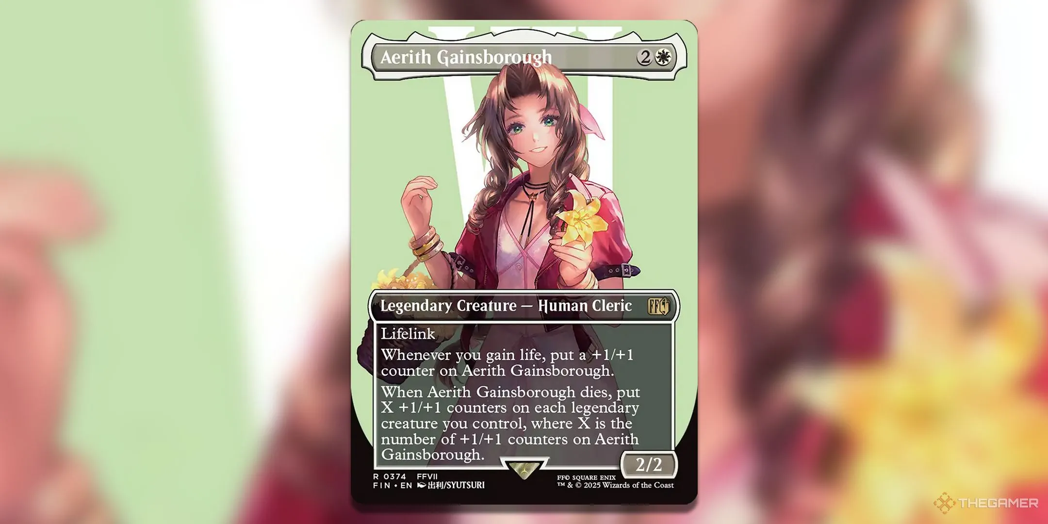 Thẻ bài Borderless Traditional Foil/Surge Foil Aerith Gainsborough từ MTG Final Fantasy với số thứ tự in trên ảnh
