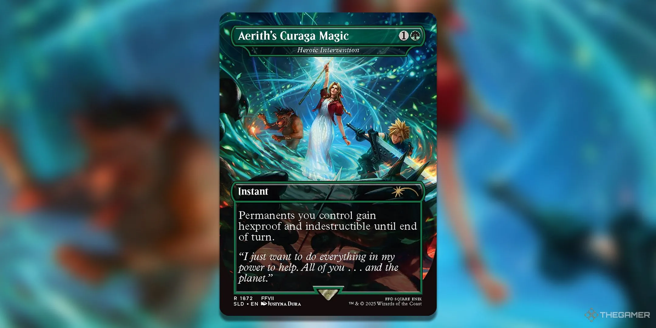Thẻ bài full-art Aerith's Curaga Magic trong MTG Final Fantasy, minh họa Aerith sử dụng phép hồi phục cho Cloud và Red XIII