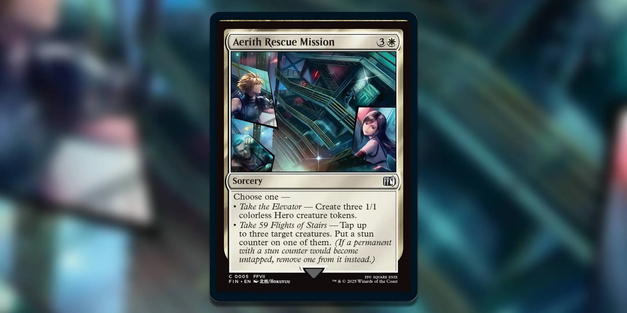Thẻ bài Magic The Gathering Aerith Rescue Mission mô tả cuộc giải cứu Aerith tại trụ sở Shinra, với hình ảnh Cloud, Tifa và Barret