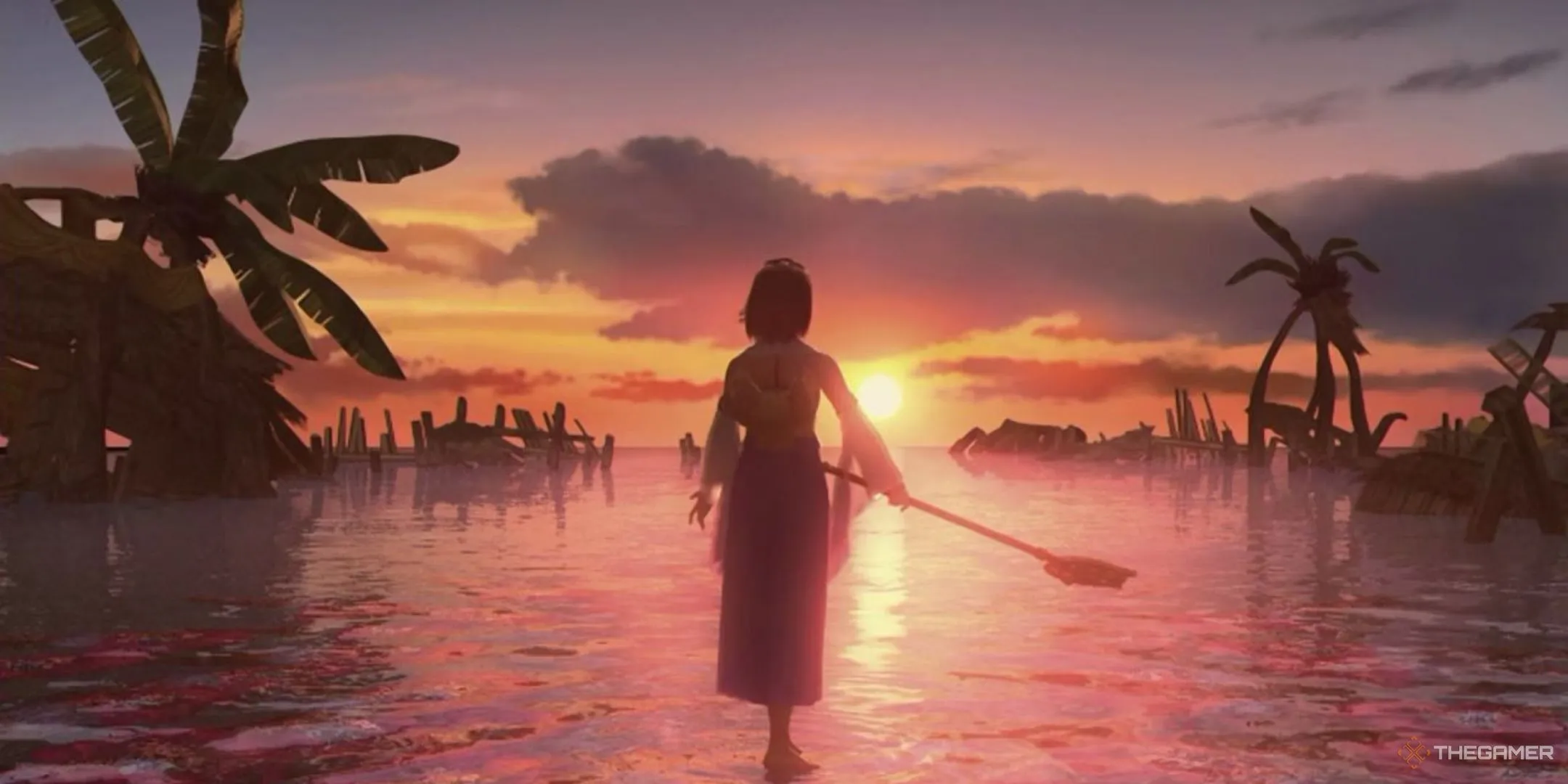 Yuna chuẩn bị thực hiện Nghi thức Sending lúc hoàng hôn trong Final Fantasy 10