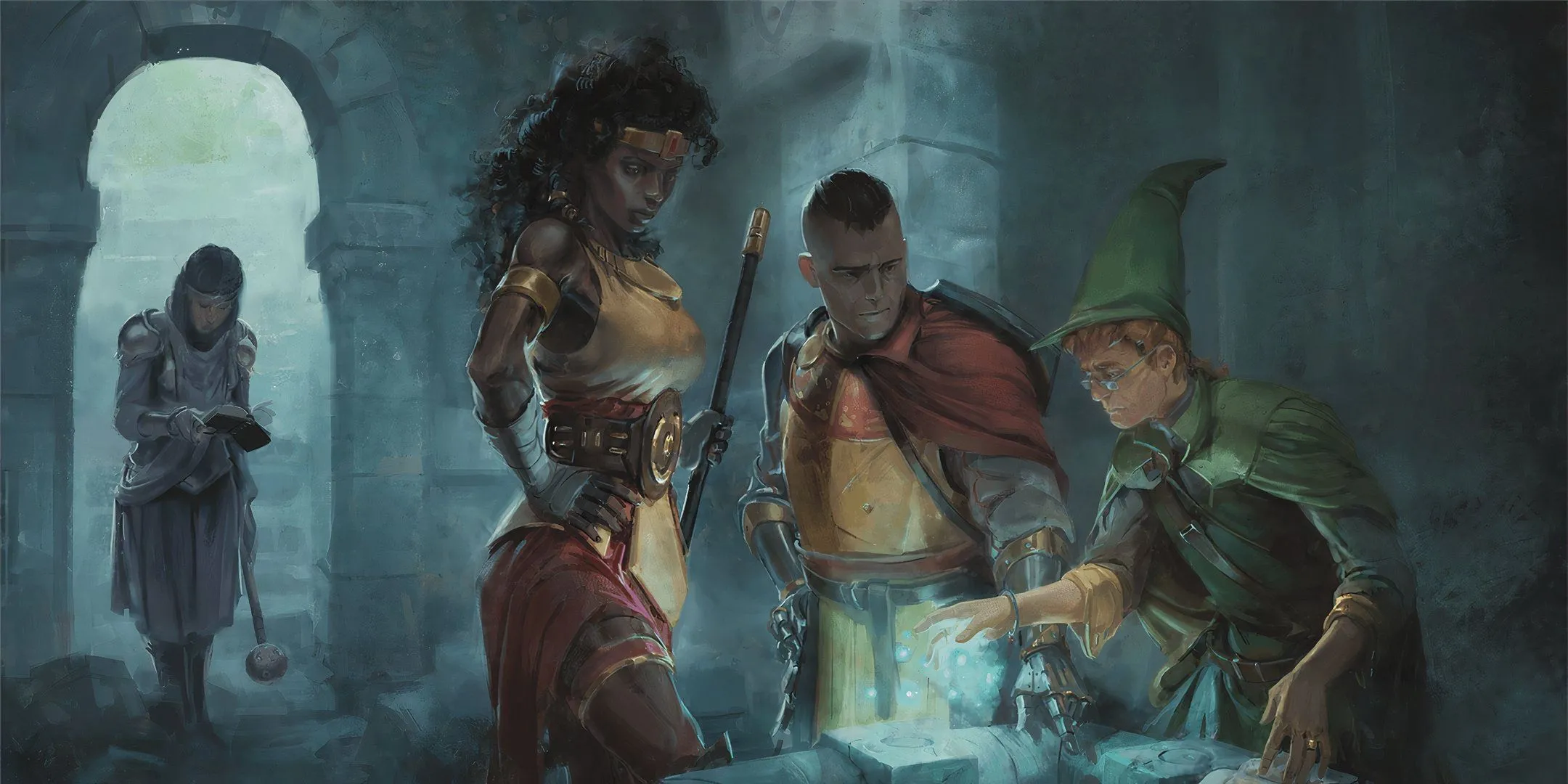 An image of a D&amp;D adventuring party trying to solve a difficult puzzle hidden in a dungeon. 