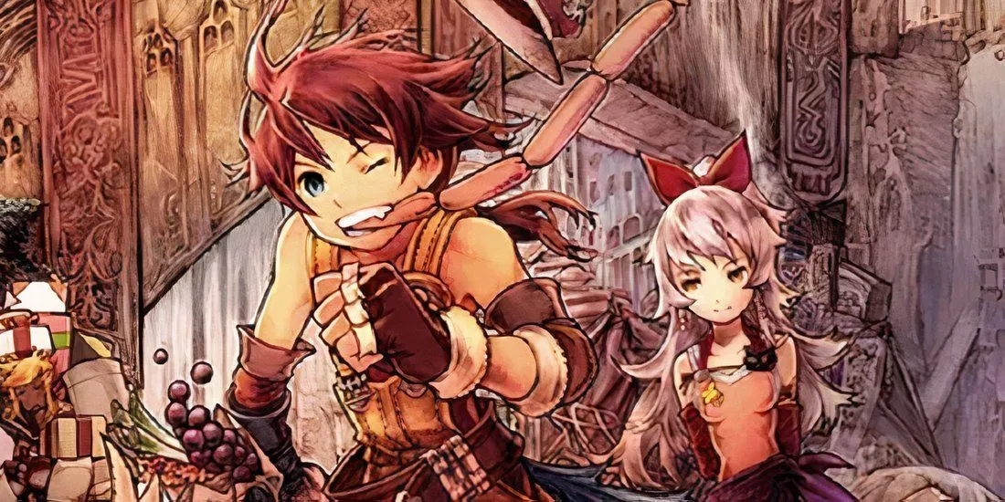 Ảnh bìa của Final Fantasy Tactics A2: Grimoire of the Rift, thể hiện các nhân vật chính trong một khoảnh khắc vui vẻ