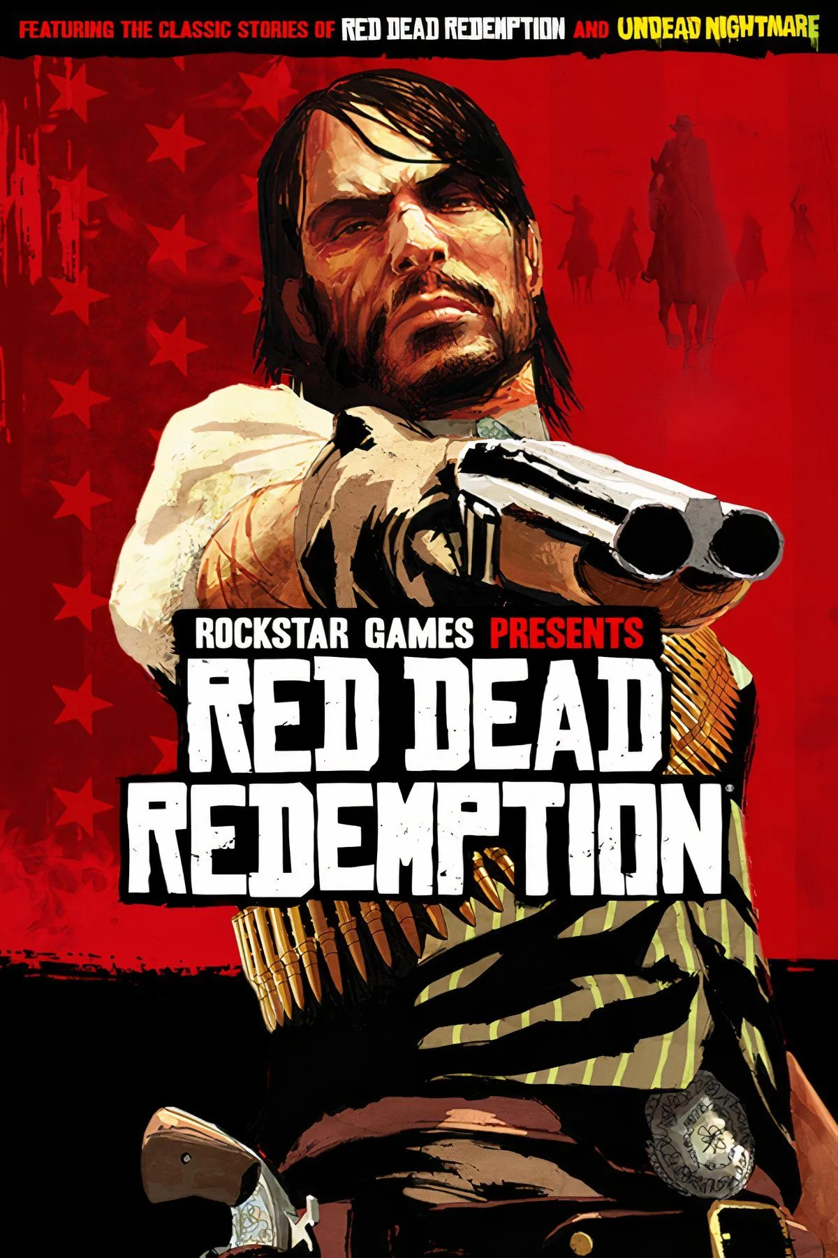Ảnh bìa game Red Dead Redemption, với cao bồi John Marston trên lưng ngựa