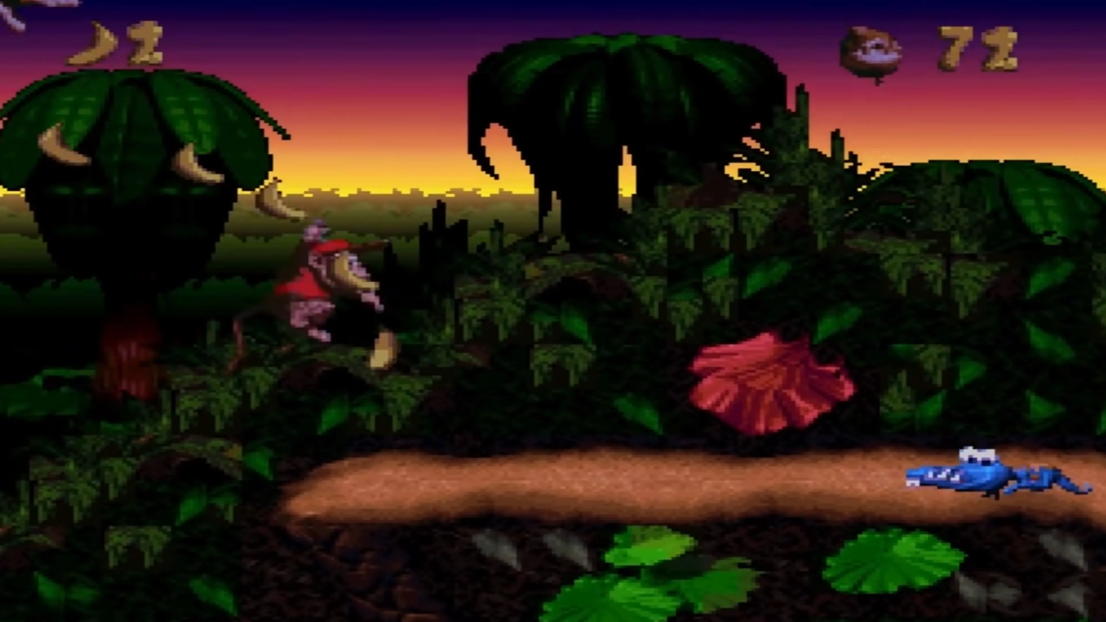 Ảnh chụp màn hình Donkey Kong Country, cho thấy đồ họa 3D render sang sprite ấn tượng của game