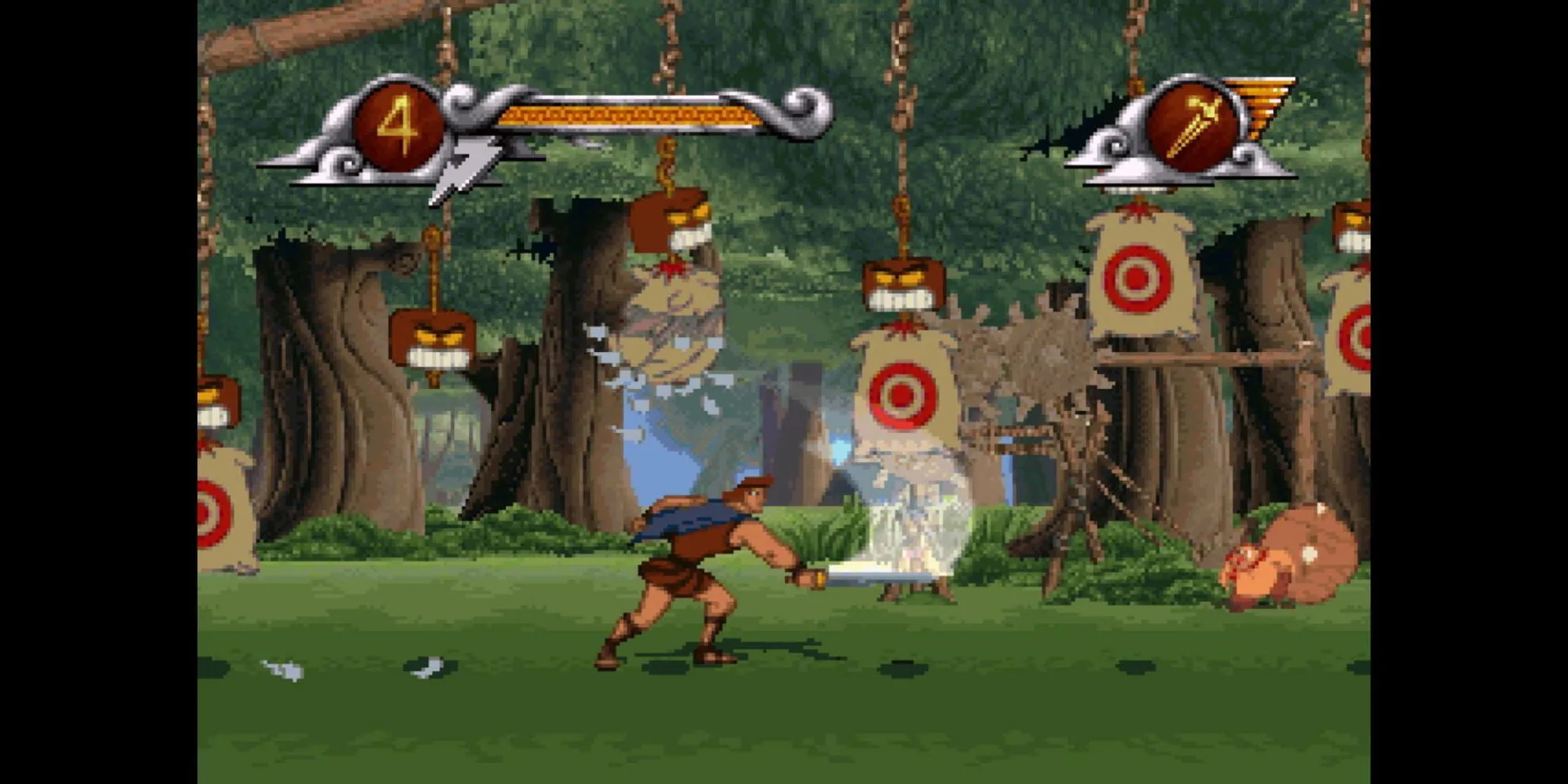 Anh hùng Hercules đang chiến đấu với quái vật Hydra trong game Disney Hercules trên PS1