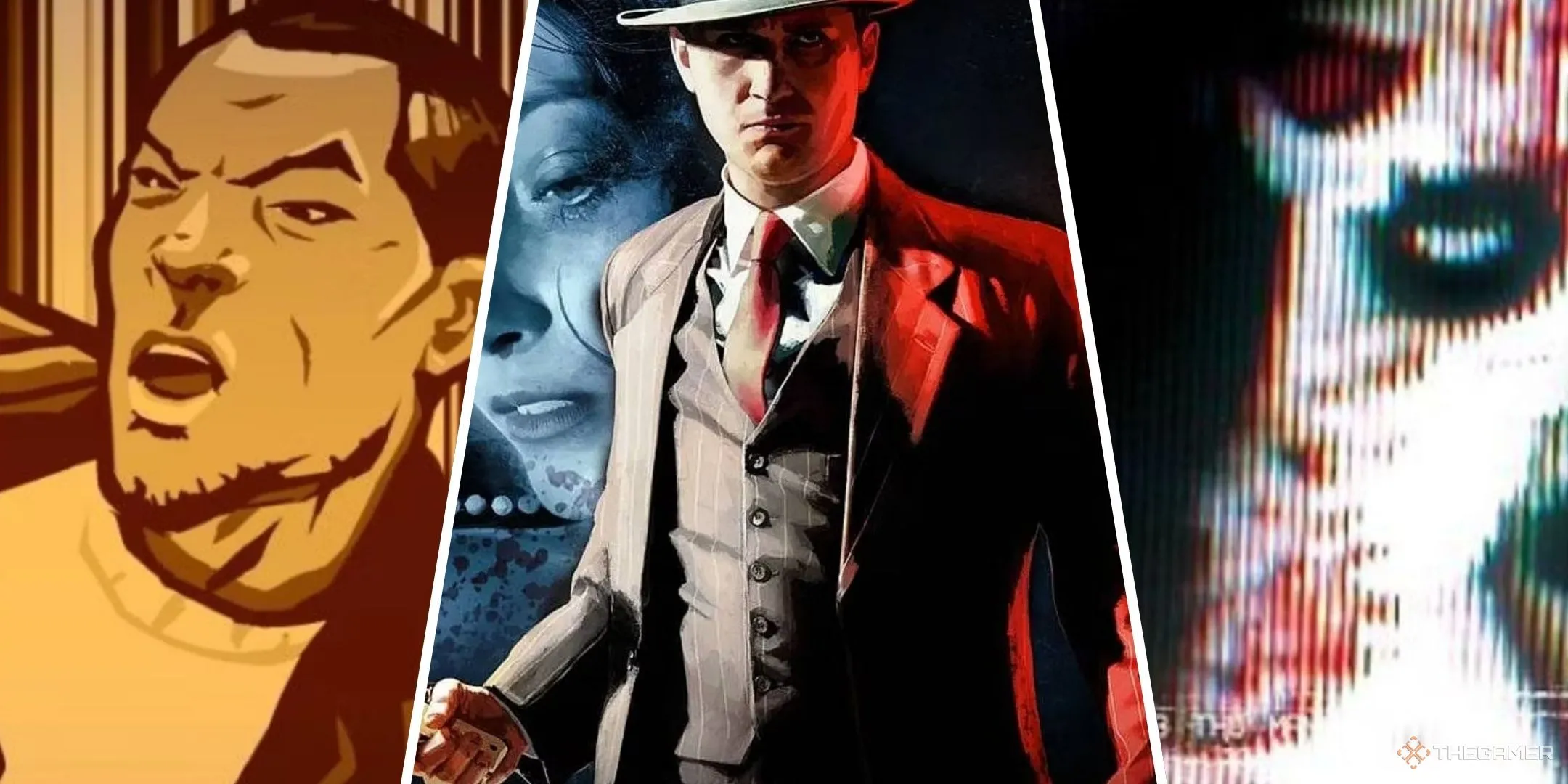 Ba bìa game của Rockstar: GTA China Town Wars, LA Noire và Manhunt với hình ảnh nhân vật chính.
