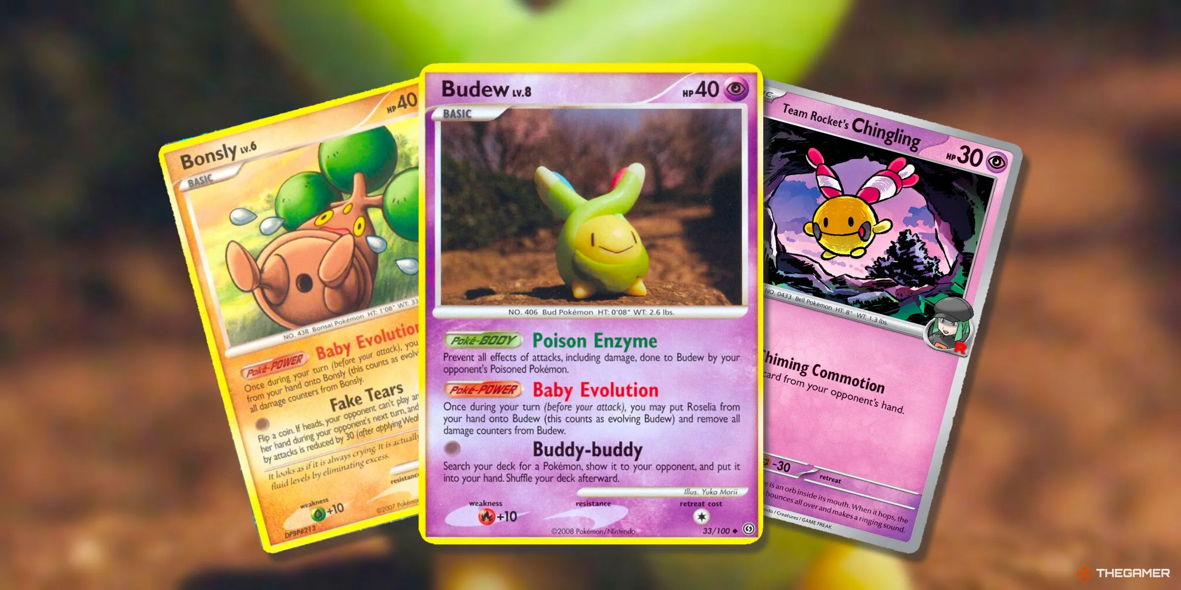 Ba thẻ bài Baby Pokemon Sinnoh gồm Bonsly, Budew và Chingling từ các bộ Pokemon TCG.