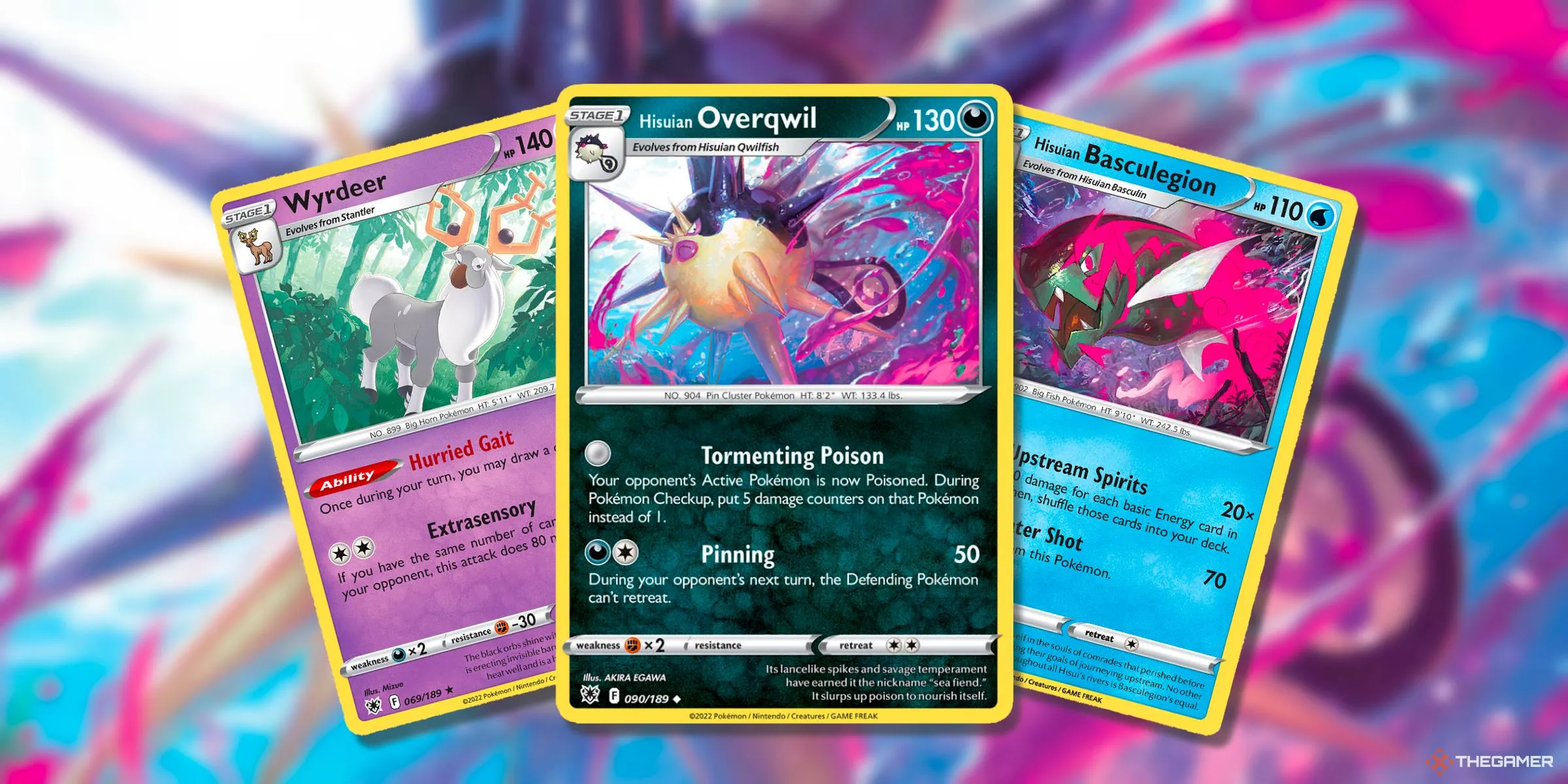 Ba thẻ bài Wyrdeer, Overqwil và Basculegion đại diện cho các Pokemon Hisuian trong Pokemon TCG.