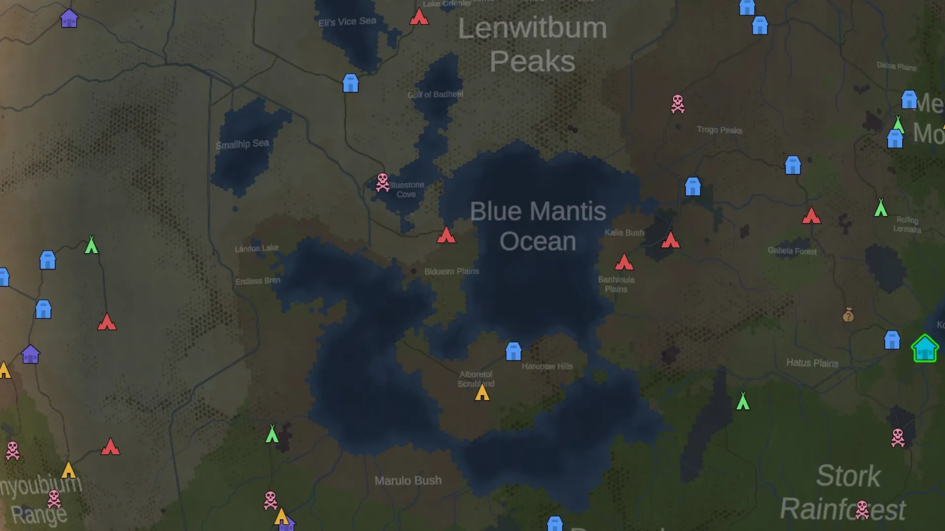 Bản đồ thế giới trong RimWorld Odyssey hiển thị các khu vực có thể câu cá và sông hồ.