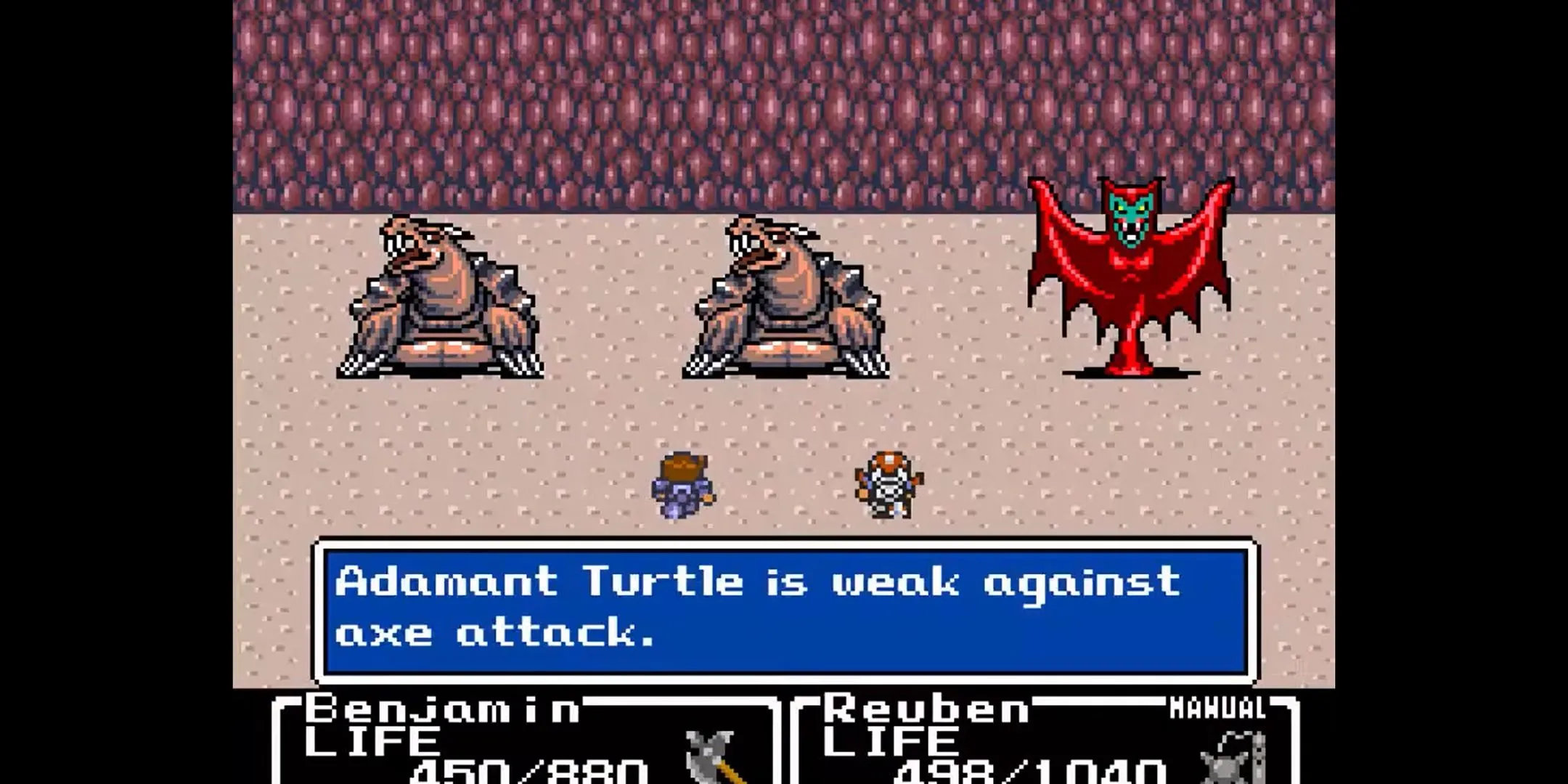 Benjamin và Reuban chiến đấu với quái vật trong Final Fantasy Mystic Quest.