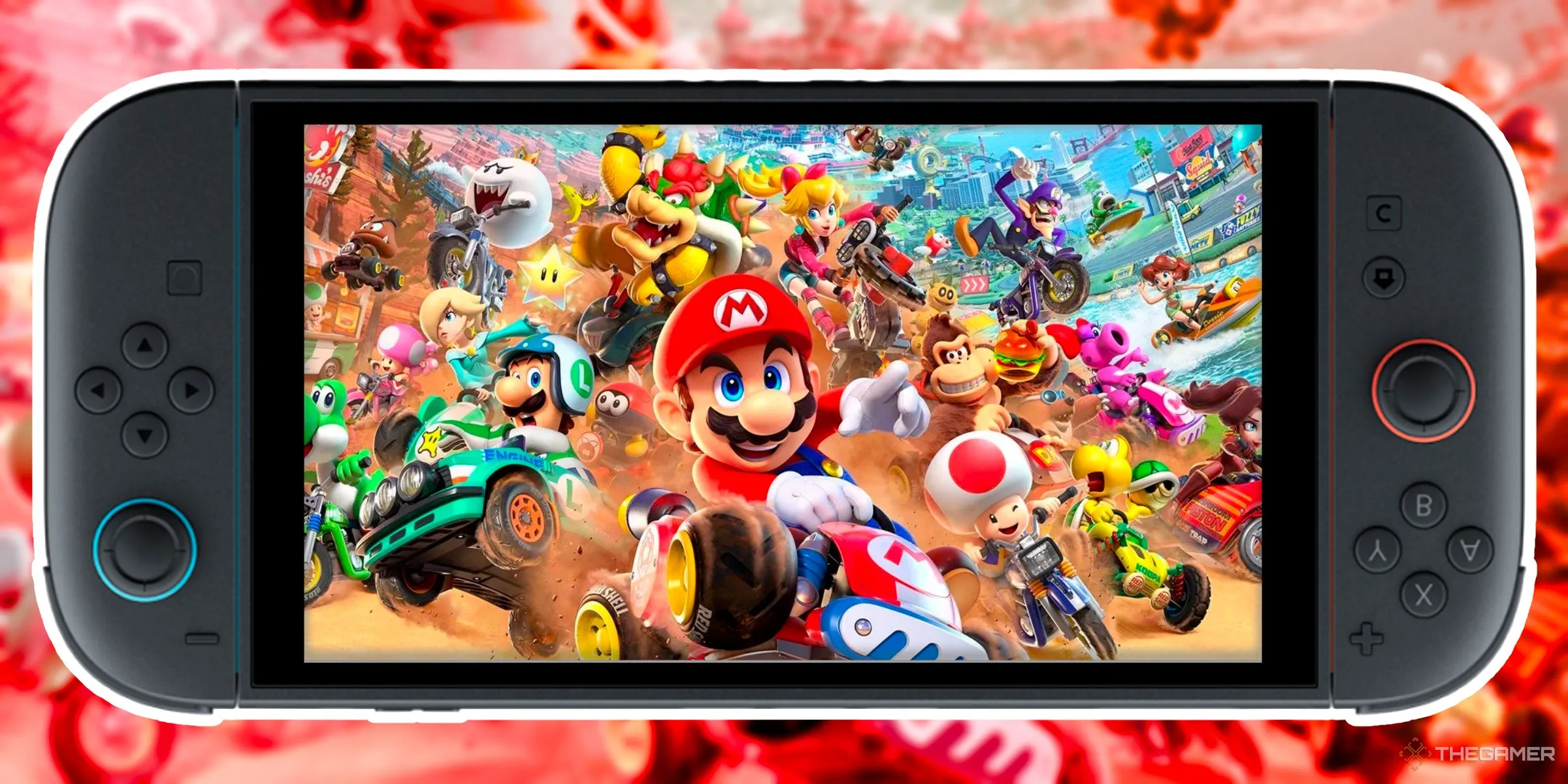 Bìa game chính của Mario Kart World đặt trong một Nintendo Switch 2 bị lộn ngược