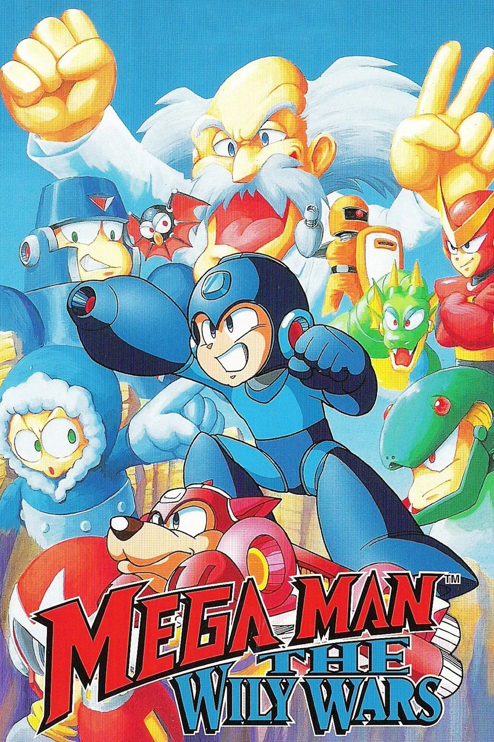 Bìa game Mega Man: The Wily Wars, tuyển tập ba game Mega Man đầu tiên với cải tiến đồ họa và chế độ mới năm 1994