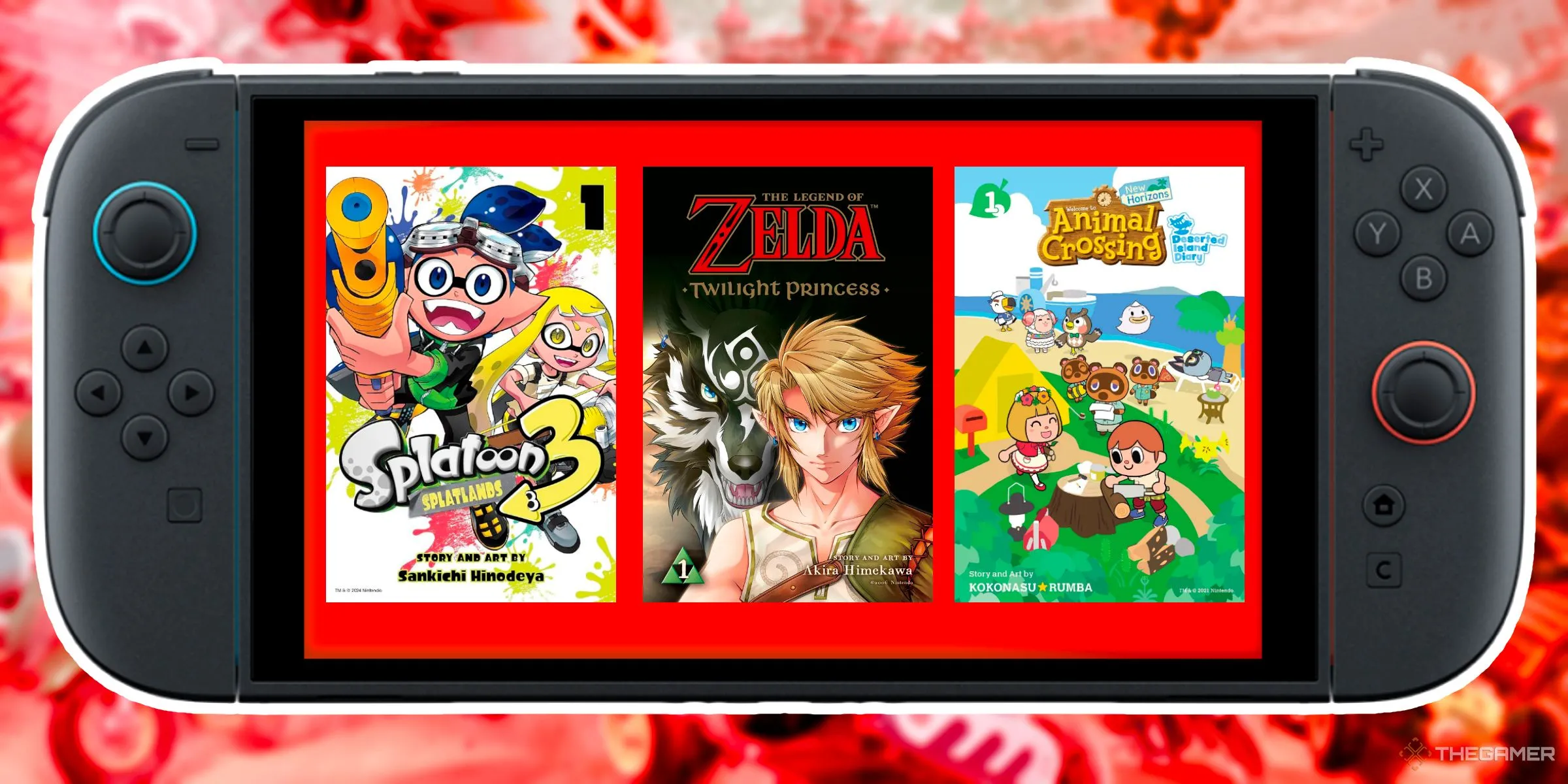 Bìa manga Splatoon 3, The Legend of Zelda Twilight Princess và Animal Crossing New Horizons trong giao diện Nintendo Switch 2