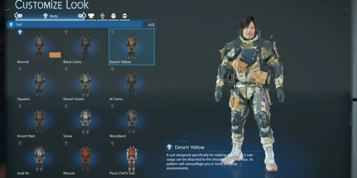Bộ Desert Yellow Suit có màu vàng cát giúp Sam ngụy trang ở những vùng sa mạc trong Death Stranding 2 On The Beach