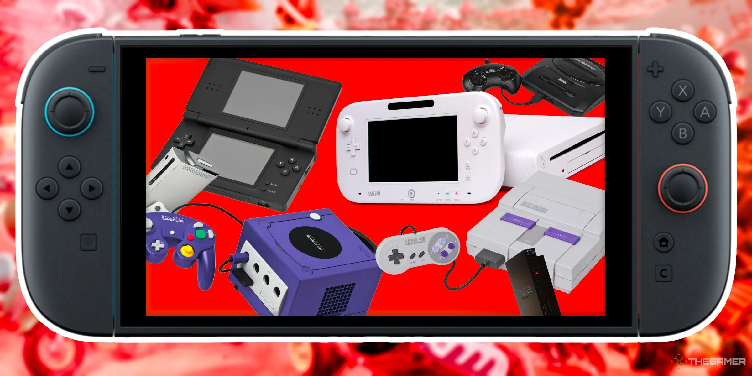 Bộ sưu tập console retro (Wii U, DS, GameCube, SNES, Sega Genesis, PS2, Xbox 360) hiển thị trên màn hình Nintendo Switch 2